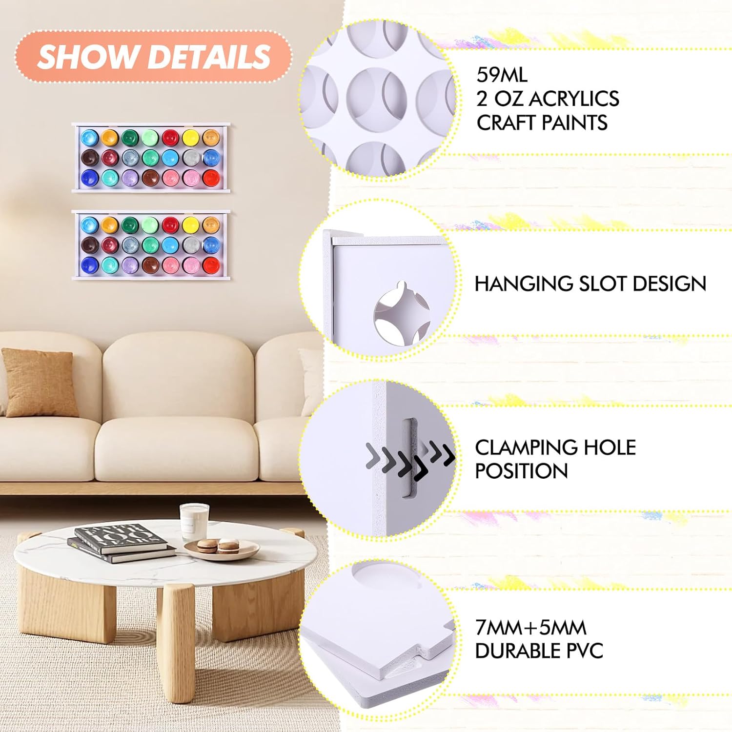 Hicarer 2 Pcs 21 Holes Craft Paint Storage Organizer Vertical Paint Rack Stand Storage Containers Wall Mounted Holder Removable Organizer Box for 2oz Bottle Art Supplies