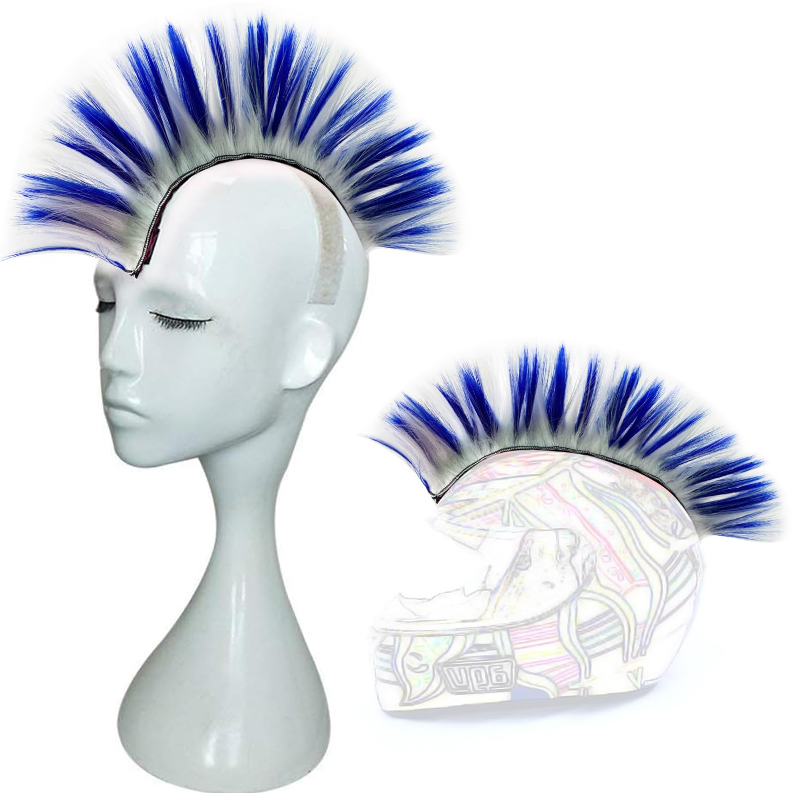 3T-SISTER Mohawk Wig for Motorcycle Bicycle Ski Snowboard Helmet - Adhesive Hair for Skinhead Costumes Cosplay - Rainbow Color (Blue and White) -