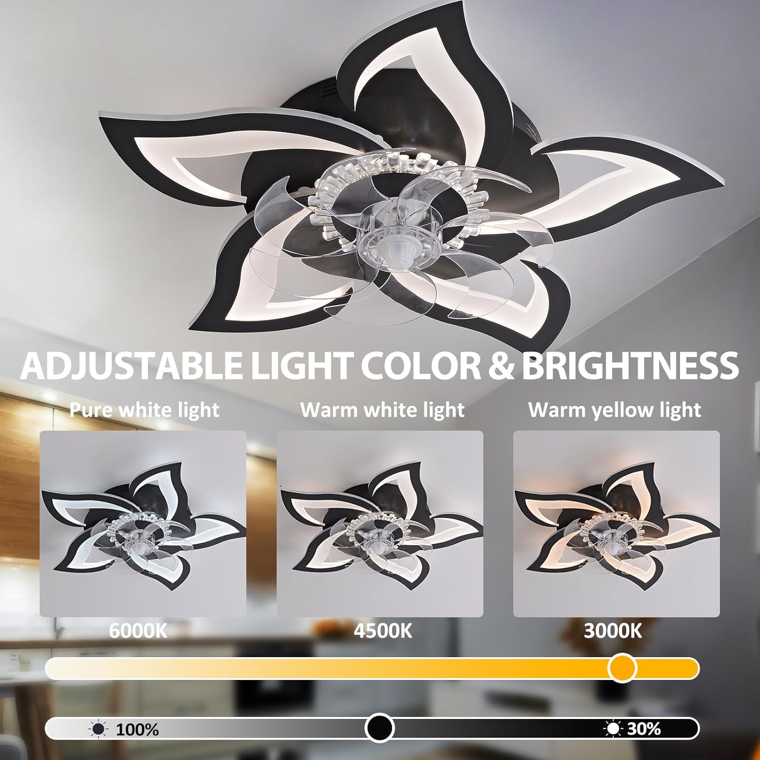 MeiMeiDa 27" Modern Ceiling Fan with Lights Remote Control, Low Profile Ceiling Fan with Lights, Flush Mount Smart Ceiling Fan Light for Bedroom Living Room Kitchen, Reversible Blades, Black