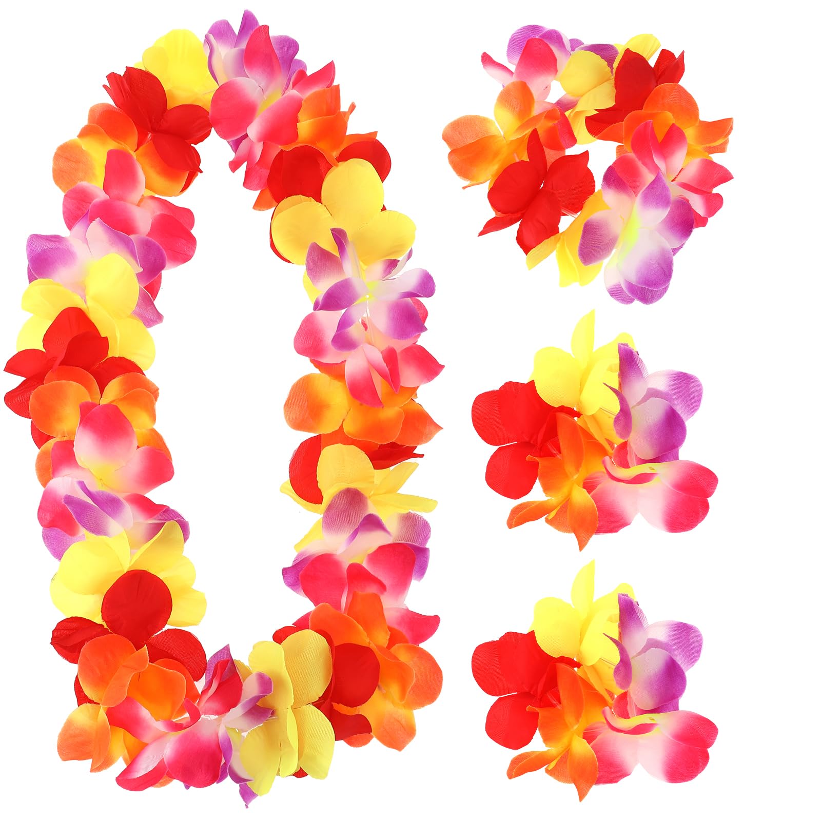 4 Packs Colorful Hawaiian Leis Artificial Graduation Leis Hawaiian Flower Necklace Headband Garland Hand Garlands Leis Set Accessories for Women Girls Luau Hula Dance Party Costumes Decorations,Orange