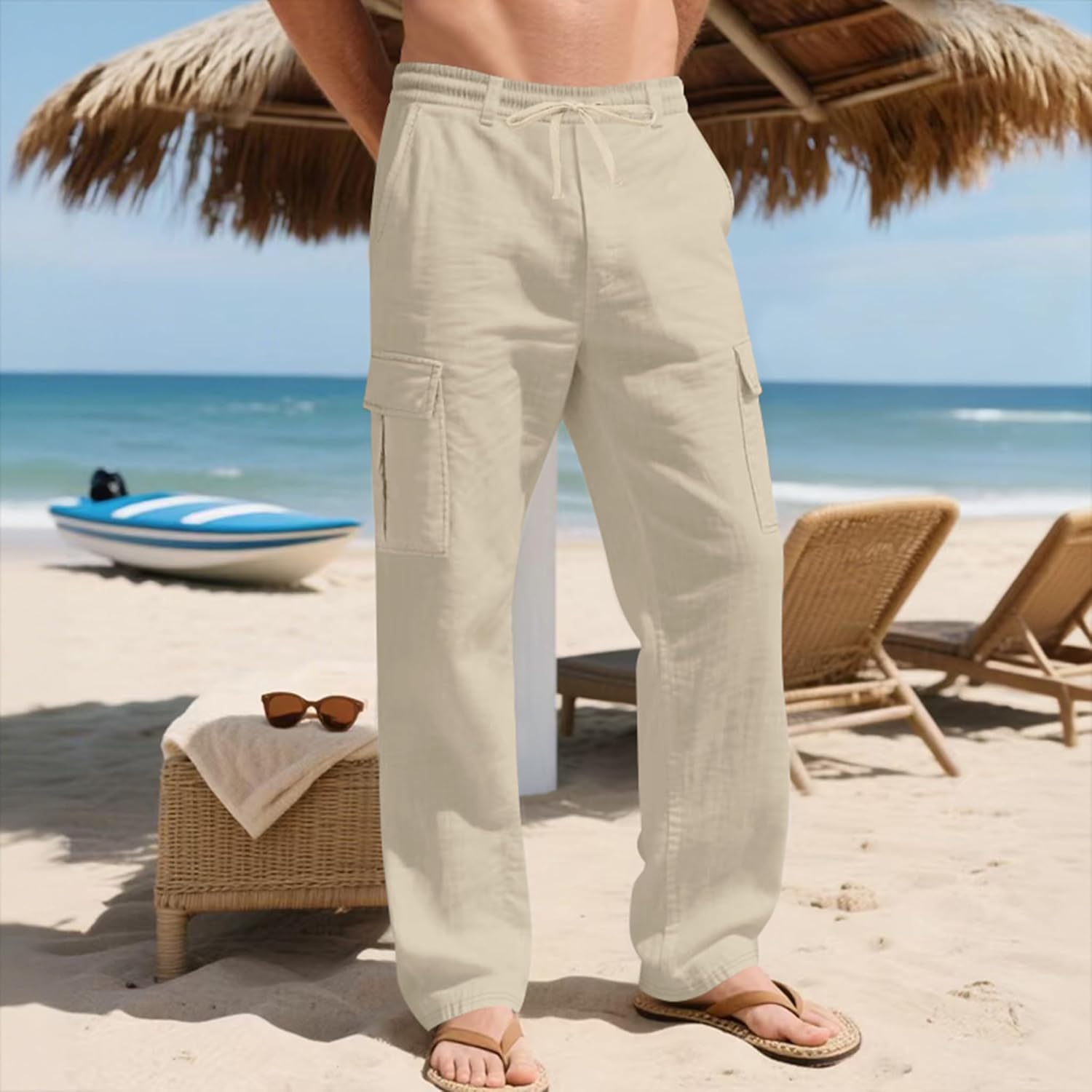 Men's Linen Pants Casual Cargo Pants Elastic Drawstring Waist Straight-Legs Summer Yoga Beach Long Pants with Pockets - Image 2