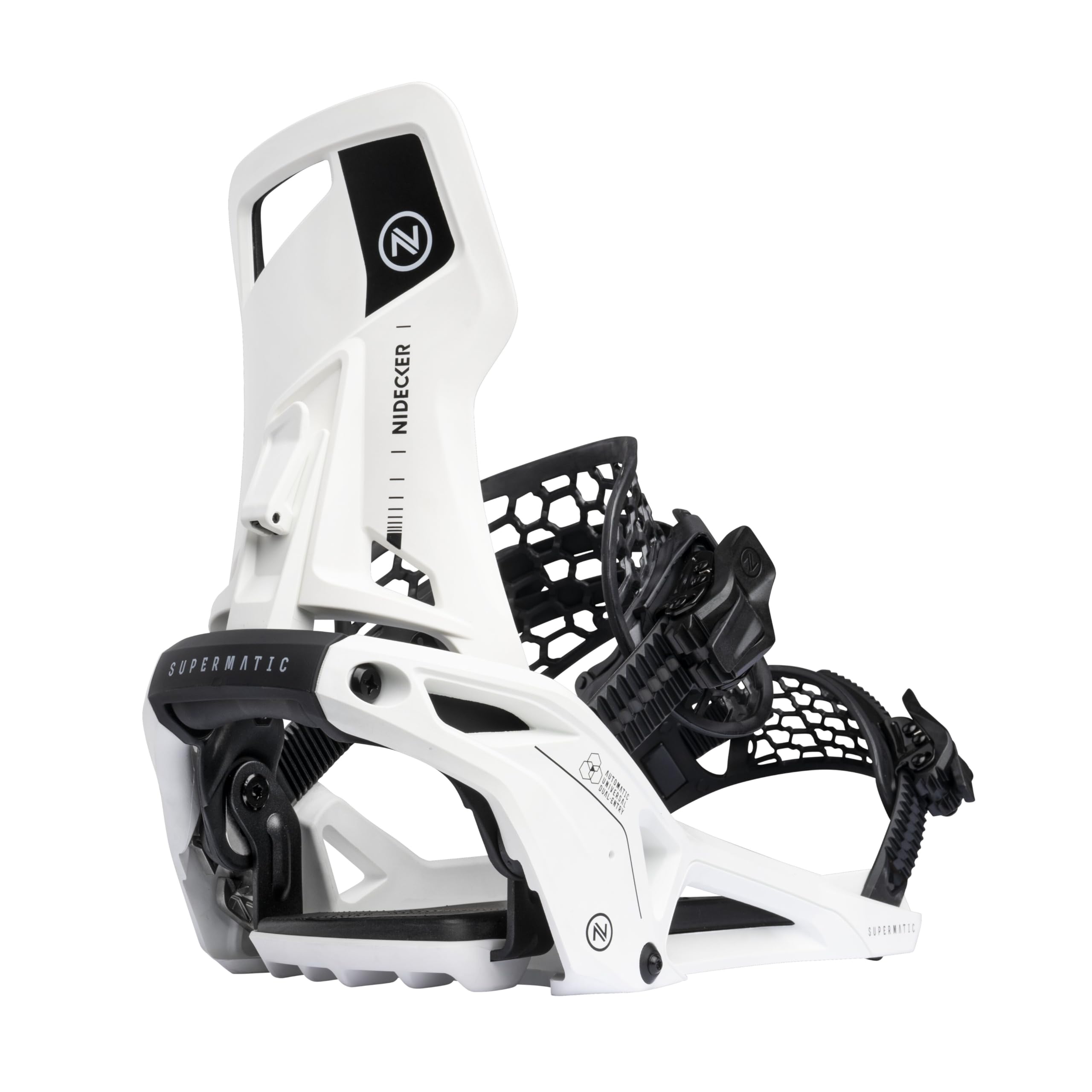 Nidecker Supermatic Snowboard First Universal, Dual-Entry, Automatic Binding - Comfortable and Reliable as a Regular Two-Strap Binding - Genuine Game Changer with its Drop in tech - White