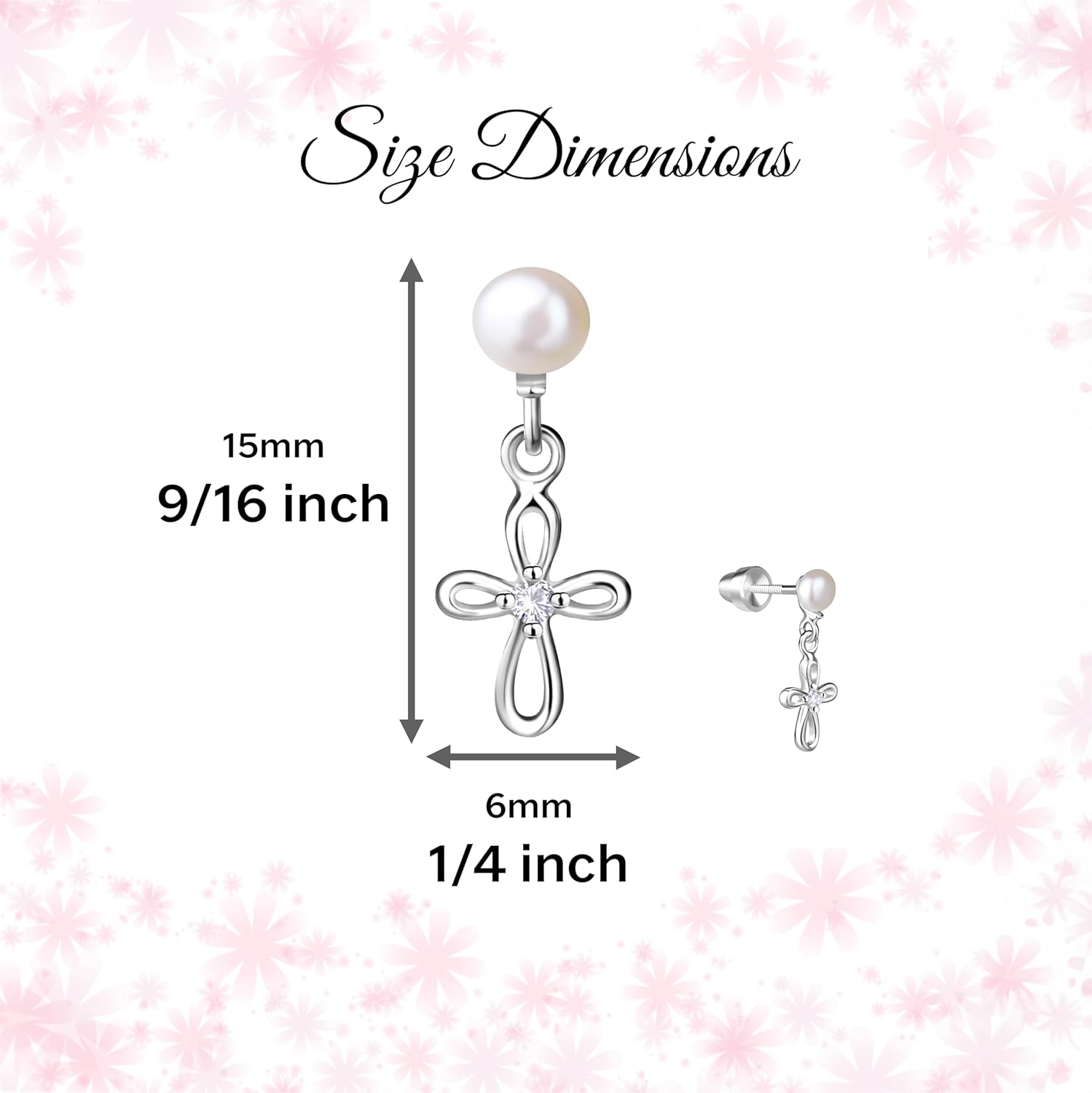Cherished Moments Children's .925 Sterling Silver Dainty Cultured Pearl or CZ, Dangling Cross Earrings with Screw Backs for Baptism, Christening, First Communion Gift - Image 4