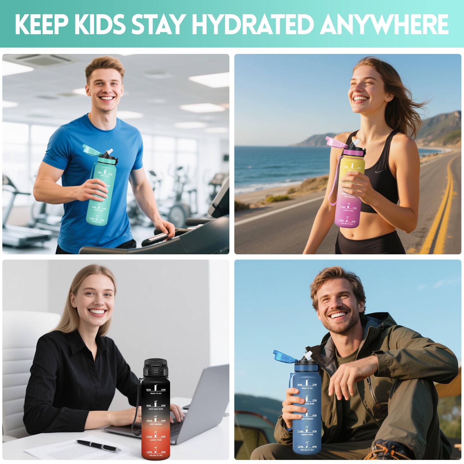 Mulbijeo Botellas de Agua, 1 Litro BPA Free, Botella Gimnasio, con Escala de Tiempo Motivacional, Cantimplora, Reutilizable, Garrafa de Agua, Ideal para Escuela, Oficina, Deporte, Botella con Pajita — view 7