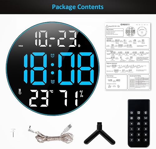 Miniatura 6 de PiKaPiKaP Reloj de pared digital con pantalla grande, reloj digital de 12 pulgadas con control remoto, calendario, atenuación ajustable,