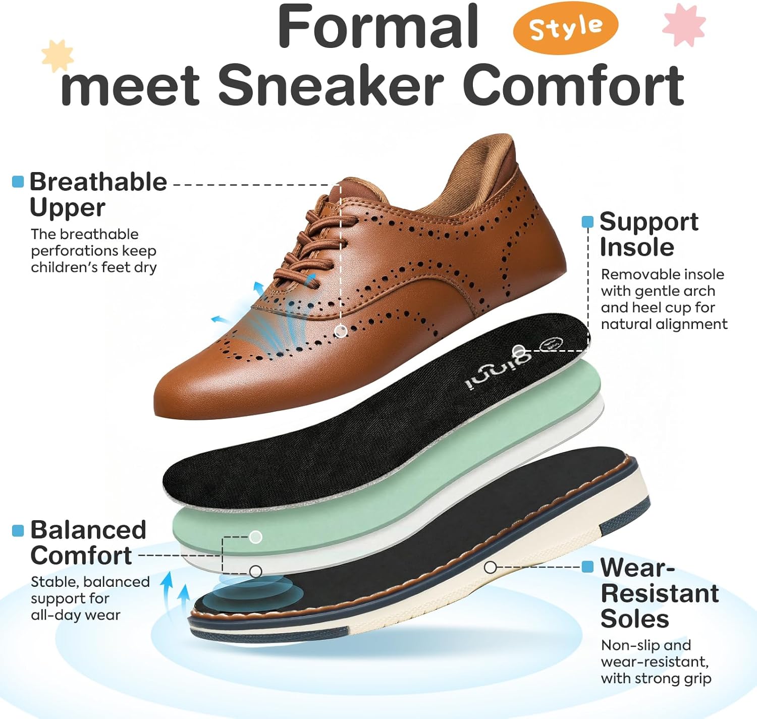 GINNI Boys Dress Shoes Kids Slip On Casual Oxford Sneakers Wingtip Brogue Uniform Formal Shoes for Toddler/Little/Big Kid