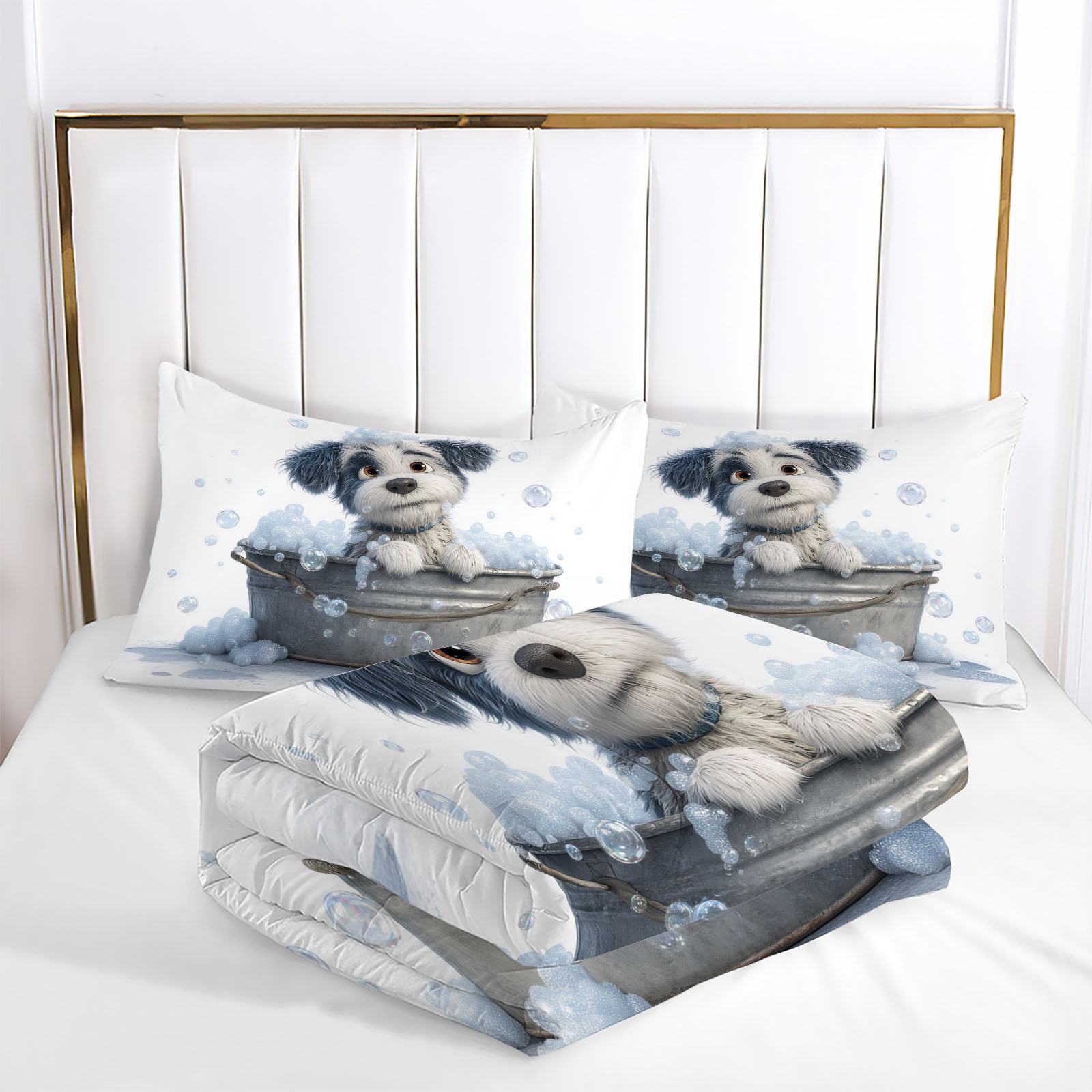 Trapunta Letto Matrimoniale 4 Stagioni Piumone per Bambini, Vasca Bagno Cane Carino Leggero Cartoni Animati Animali Set di Biancheria da Letto 200x200cm con 2 Federe,Piumino Lavabile In Lavatrice