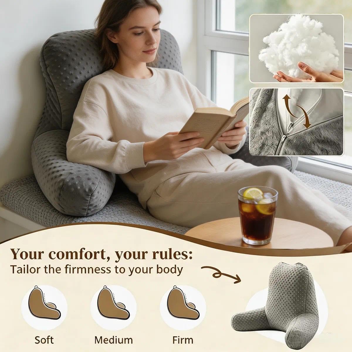 ZZZhen Reading Pillows for Sitting in Bed Adult, Mink Back Pillow Bed Sitting Up, Back-Rest Support Cushion for Sit Up on Couch, Sofa, and Floor, Dark Grey Middle Size