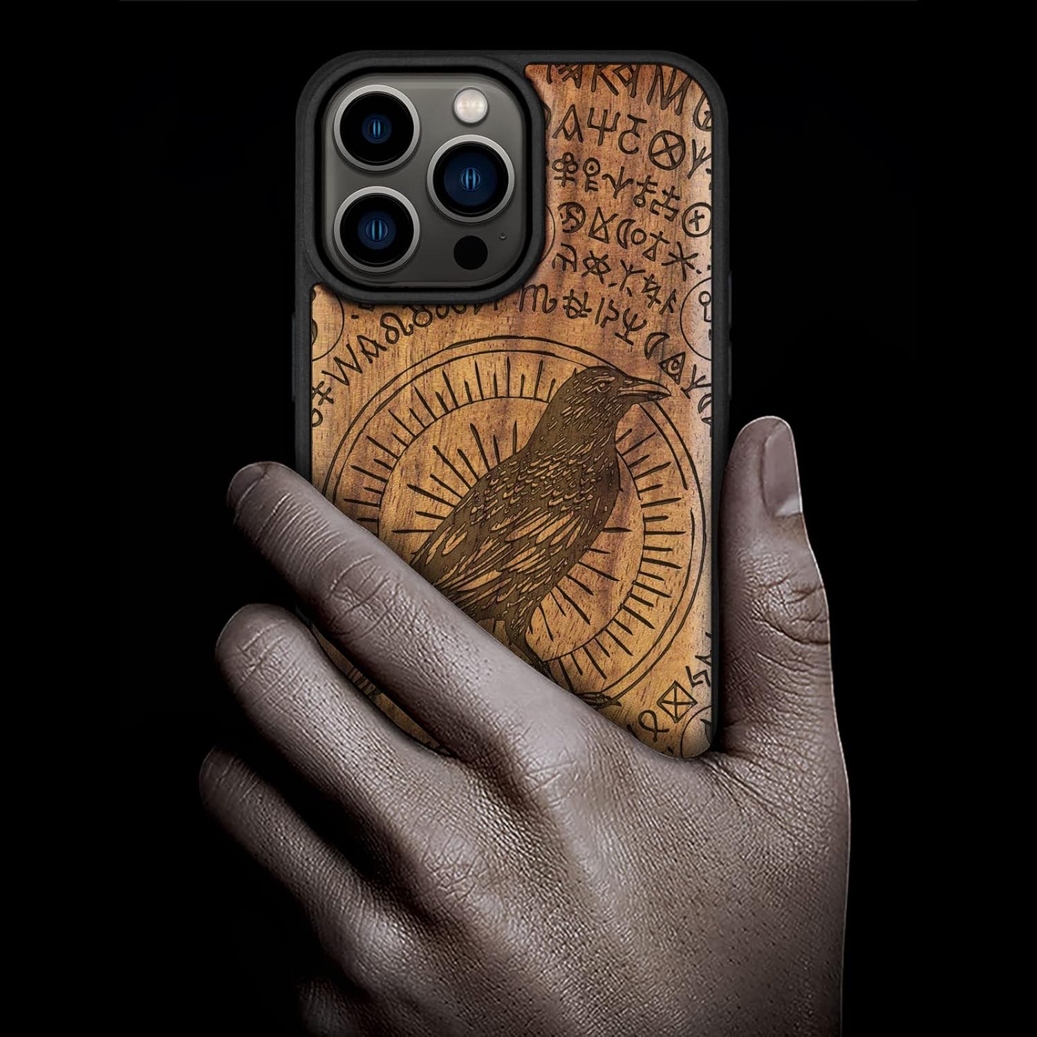 Carveit Magnetic Wood Case for iPhone 14 Pro Max [Natural Wood & Black Soft TPU] Unique & Classy Wooden Shockproof Protective Cover Compatible with magsafe (Witchcraft Raven -Walnut)