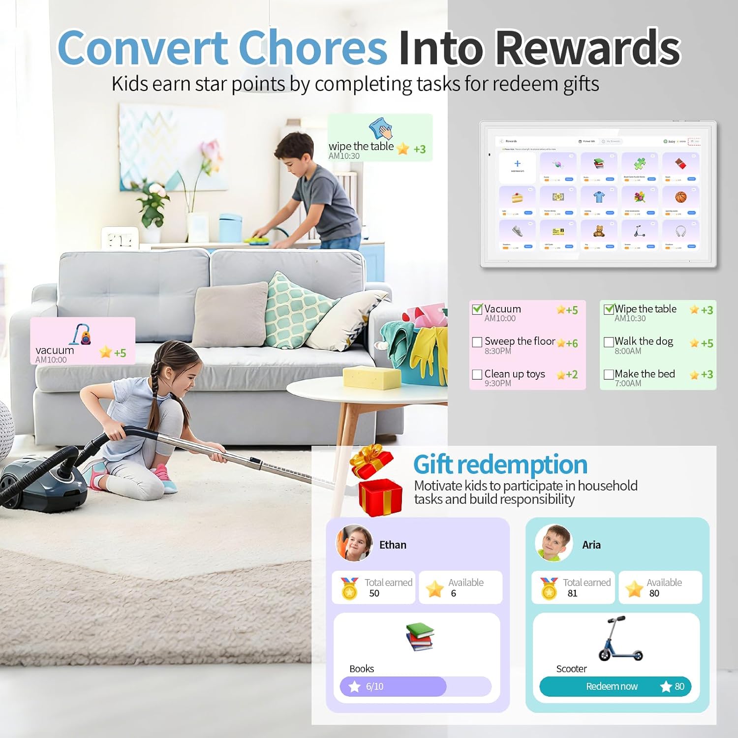 Digital Calendar,15.6 Inch Electronic Calendar Wall Planner with Chore Chart & Meal Planner, Wall& Desk Mountable, No Subscription, 32 GB Smart Touchscreen Interactive Display for Family Shedules
