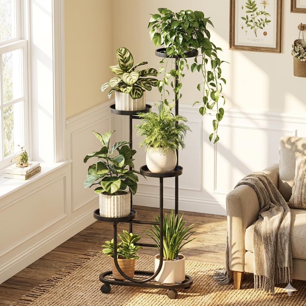 Bamworld Tall Plant Stand Indoor Outdoor Plant Stand with Wheels Heavy Duty Metal Plant Shelf for Multiple Plants Flower Stands for Patio Corner Garden Living Room Balcony, Black