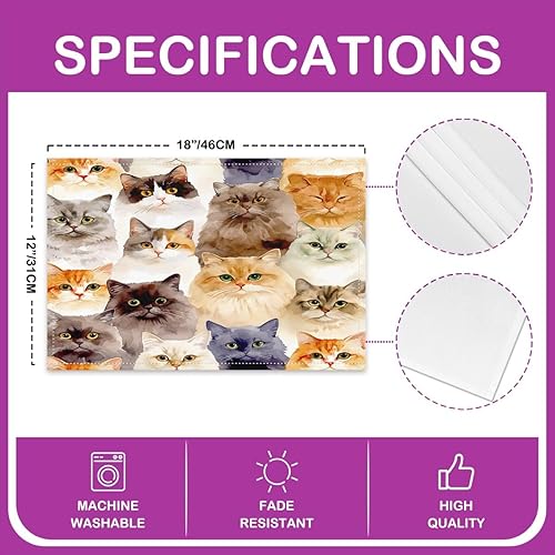 Miniatura 4 de Manteles individuales para mesa de gatos de 18 x 12 pulgadas, con estampado de gatos, de tela lavable, lindos manteles individuales para mesa de