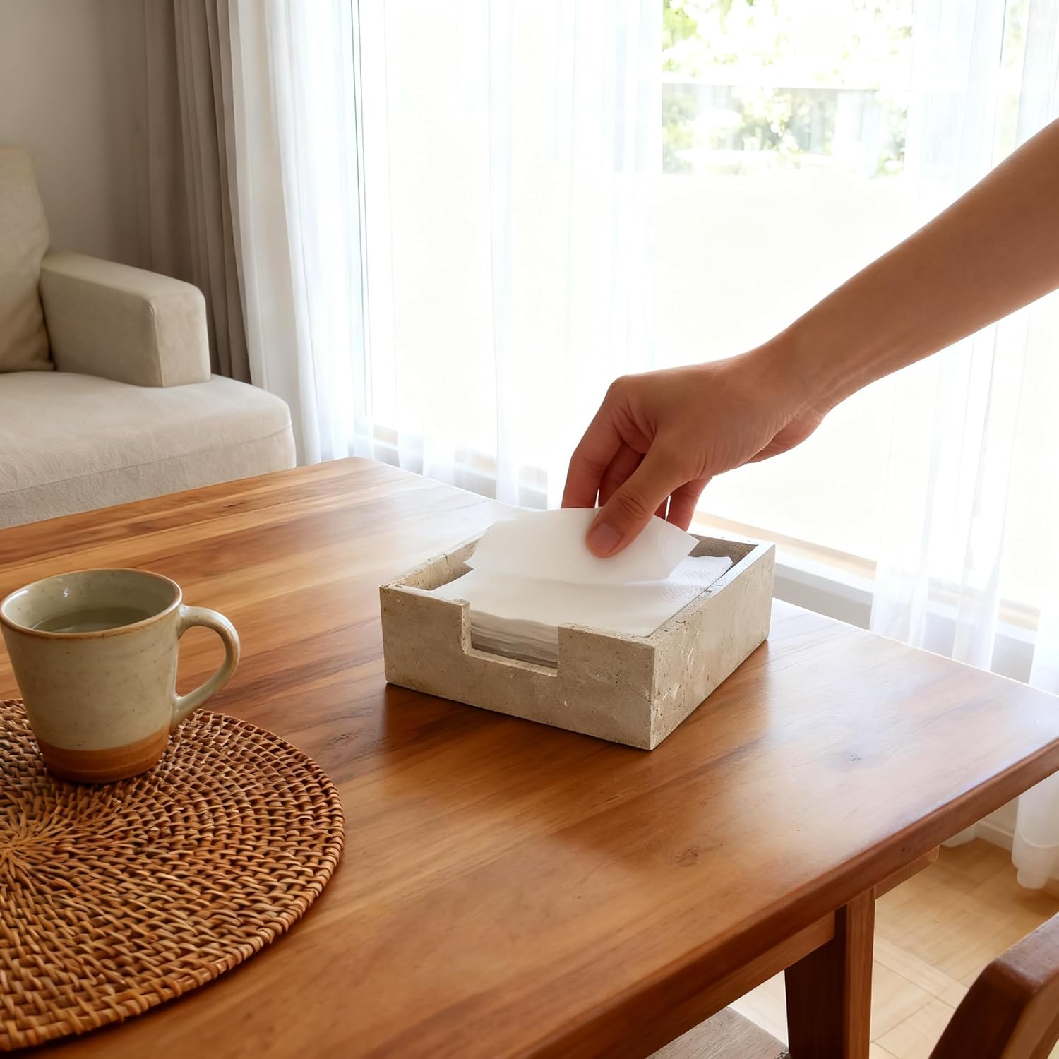 Travertine Marble Napkin Holder 7.5 Inchs for Table,Stone Flat Napkin Dispenser for Kitchen Restaurant Dining Room Countertop Decor