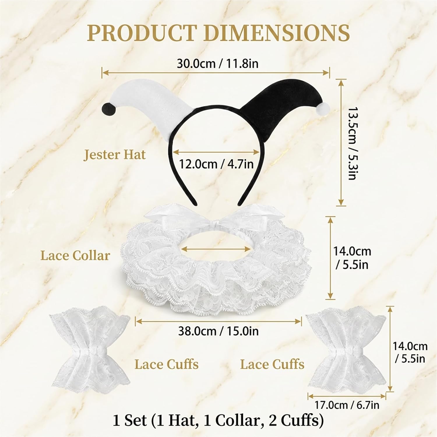 1 SET of Jester Accessories, Black and White Jester Collar Set with Lace Cuffs, Jester Hat, Costume Party and Cosplay Accessory, Theatrical Performance and Gothic Fashion Ensemble