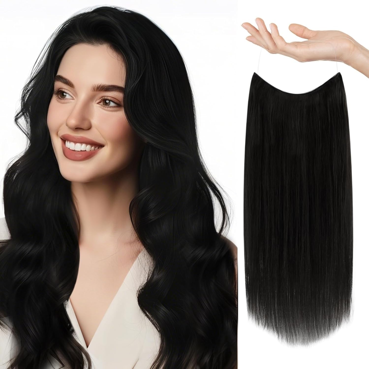 Sunny Wire Hair Extensions Real Human Hair Fish Line Human Hair Extensions Invisible Wire Extensions Jet Black #1 20 Inch