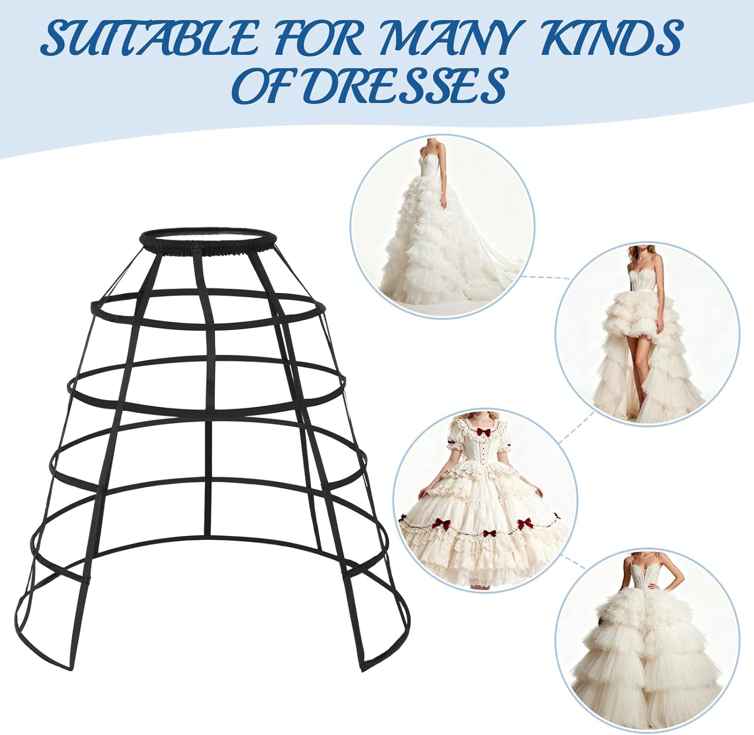 Women Victorian Petticoat Hoop Skirt, Hollow Split-front Cage Crinoline, Walk-Friendly Tiered Hoop Frame Skirt Support with Adjustable Waist for Balls, Wedding & Lolita/Steampunk Style Cosplay Black - Image 4
