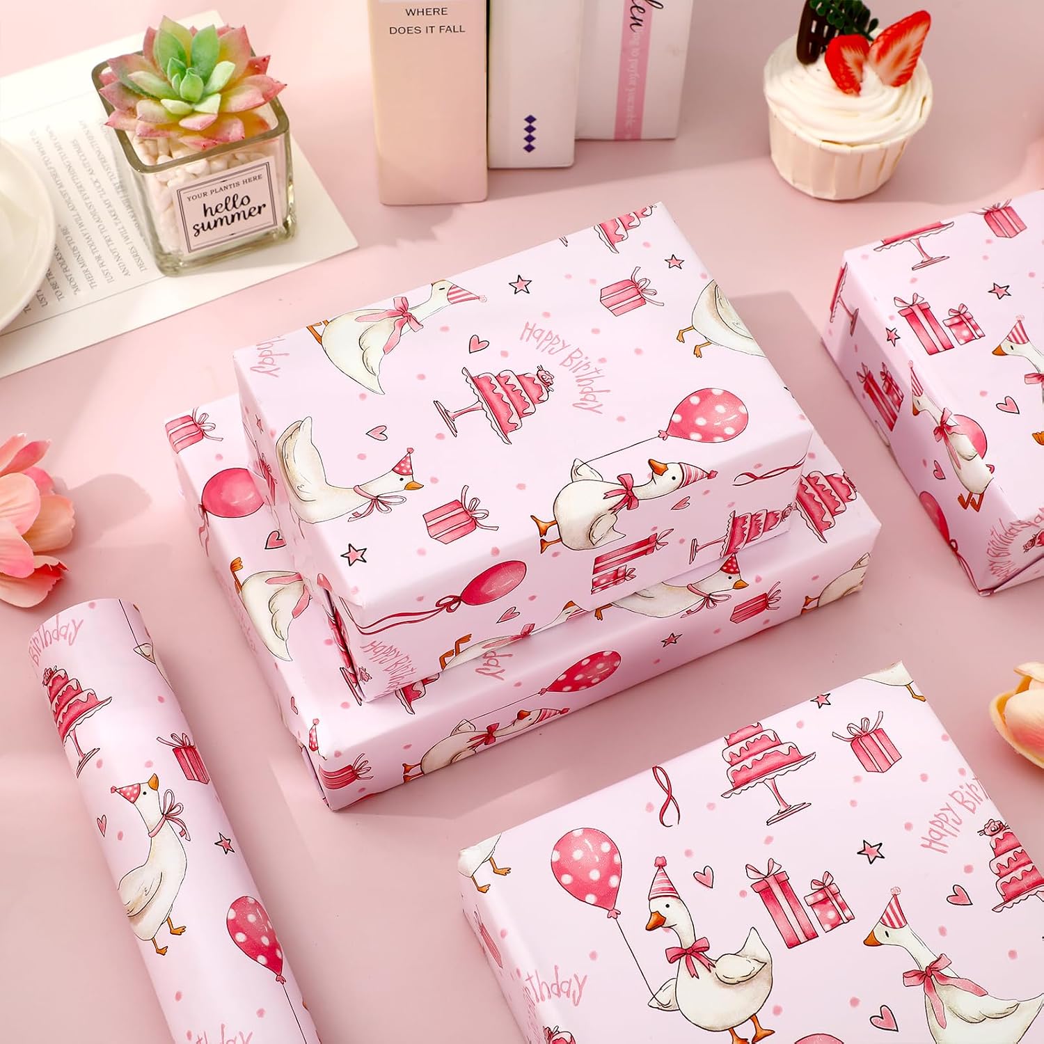 FYSUIMU Silly Goose Birthday Wrapping Paper -Mini Roll- 17 In x 32.8 Ft Pink Goose Coquette Gift Wrap Paper for Holiday Birthday Baby Shower Party