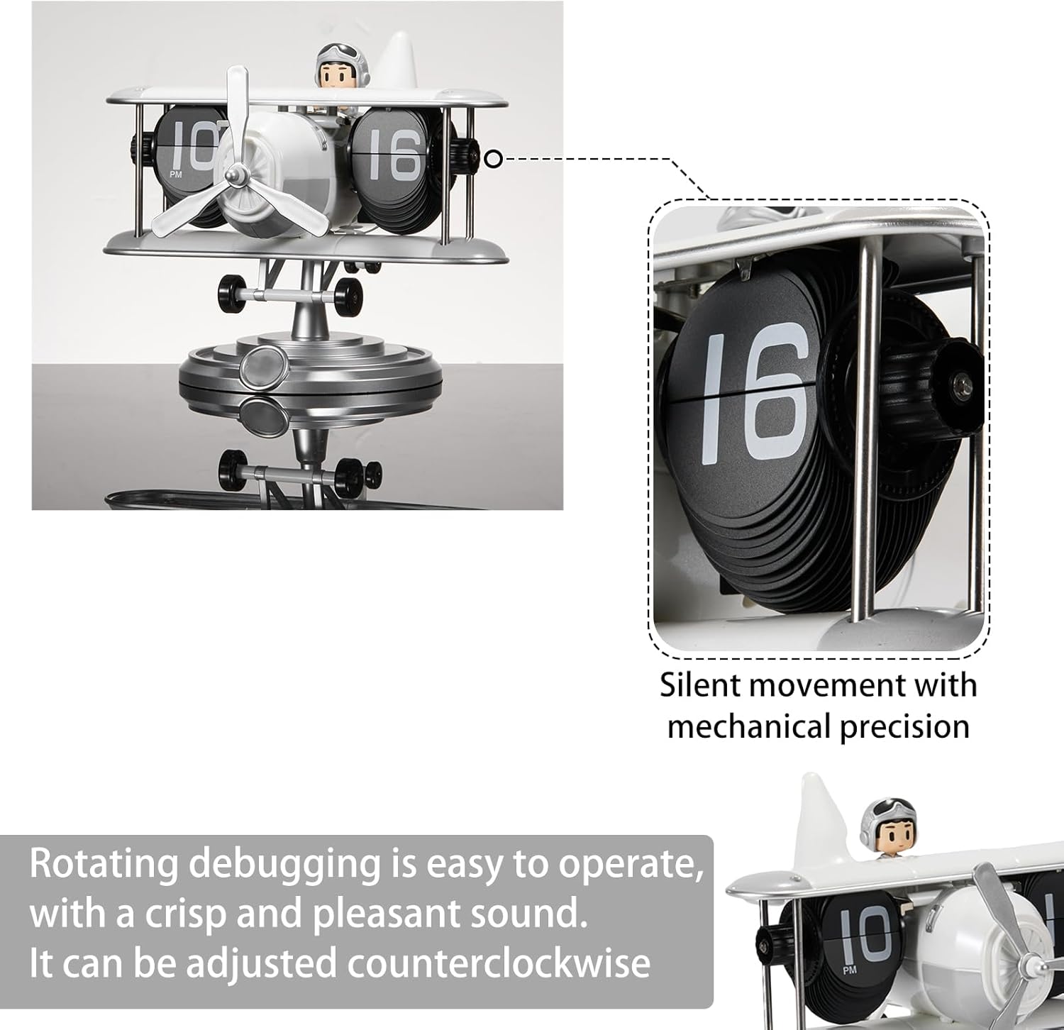 Airplane Flip Desk Clock,Retro Vintage Design, Silent Digital Table Clock with Auto Flip Mechanism, Battery Powered Large Number for Home Office Bedroom Hotel Café Decor (White)