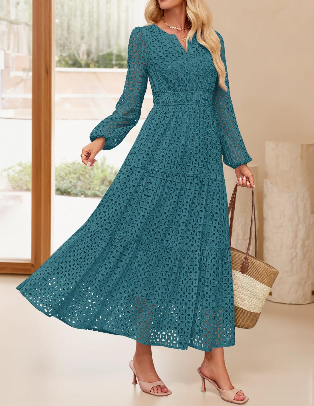 ZESICA Women's 2026 Spring Long Sleeve Maxi Dress V Neck Hollow Out Eyelet A Line Long Flowy Casual Party Dresses - Image 3
