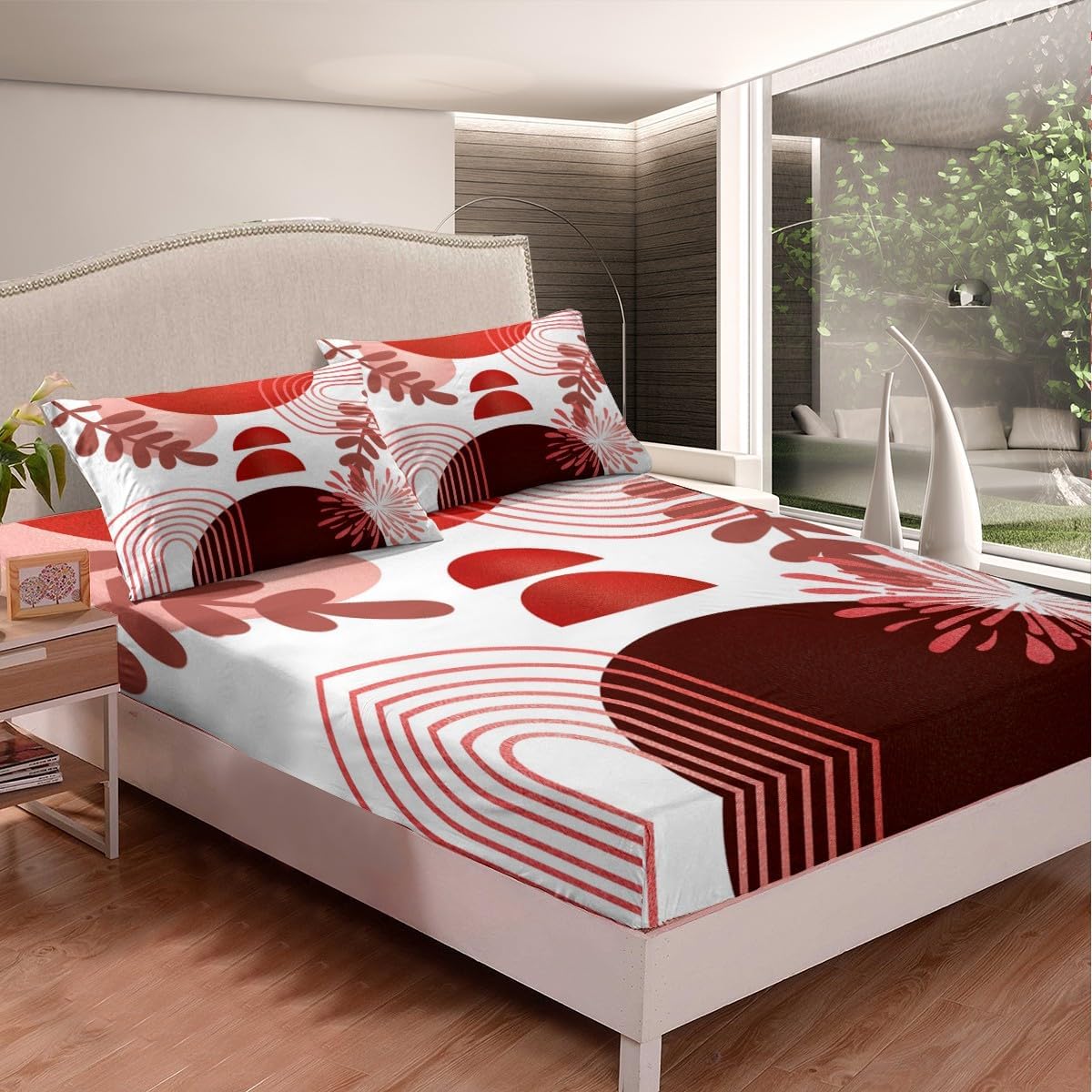 Boho Mid Century Fitted Sheet Abstract Geometric Bed Sheets Full,Modern Minimalist Sheets Simplistic Geometric Line Art Bedding Set,Circle Ombre Stripes Room Decor,Cyan Green