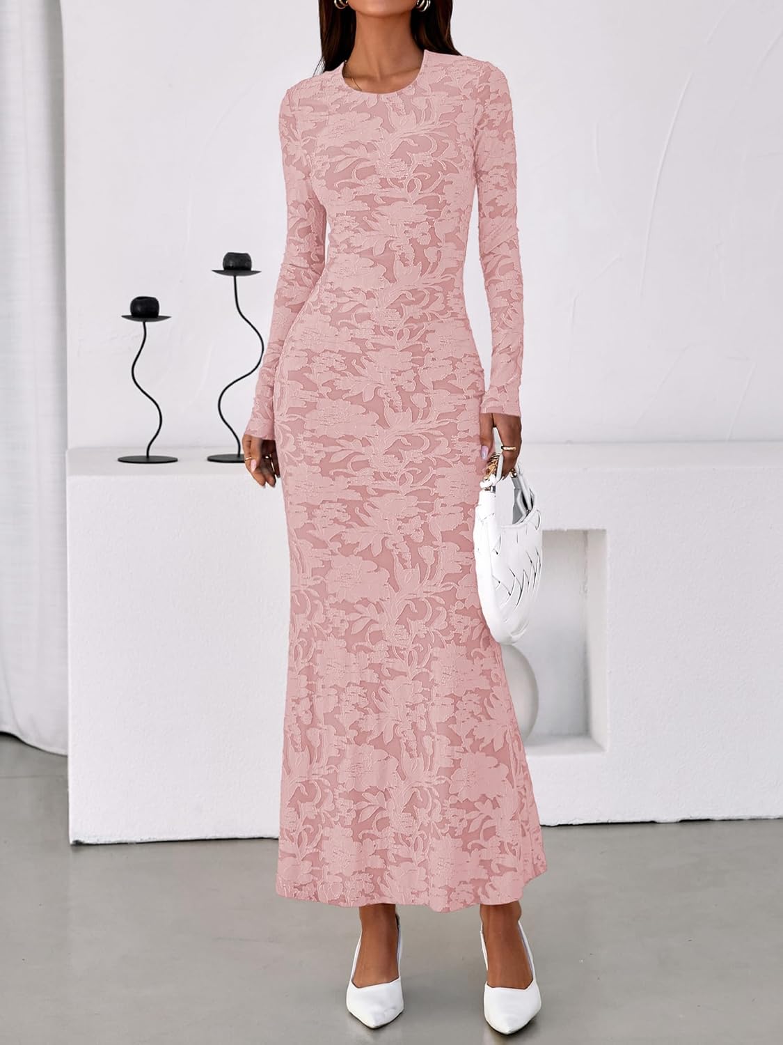 BTFBM Wedding Guest Dresses for Women 2026 Spring Elegant Floral Lace Ruched Long Sleeve Bodycon Cocktail Party Maxi Dress - Image 2