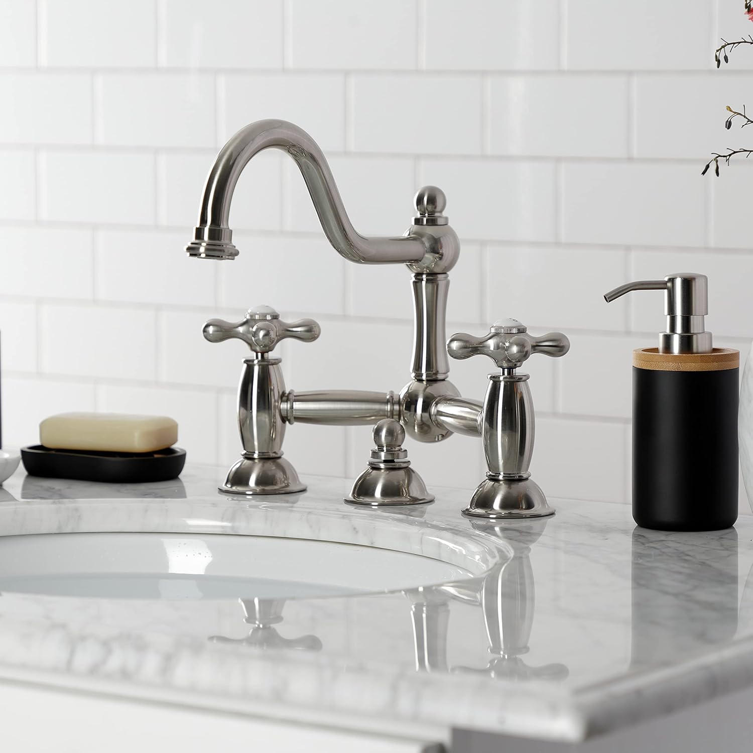 Kingston Brass KS3918AX Restoration Bathroom Bridge Faucet, Brushed Nickel