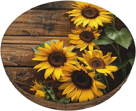 Ouqiuwa Autumn Sunflowers Floral Wooden Board Bar Stool Slipcover Round, Soft Bar Stool Seat Cover Cushion 12 Inch