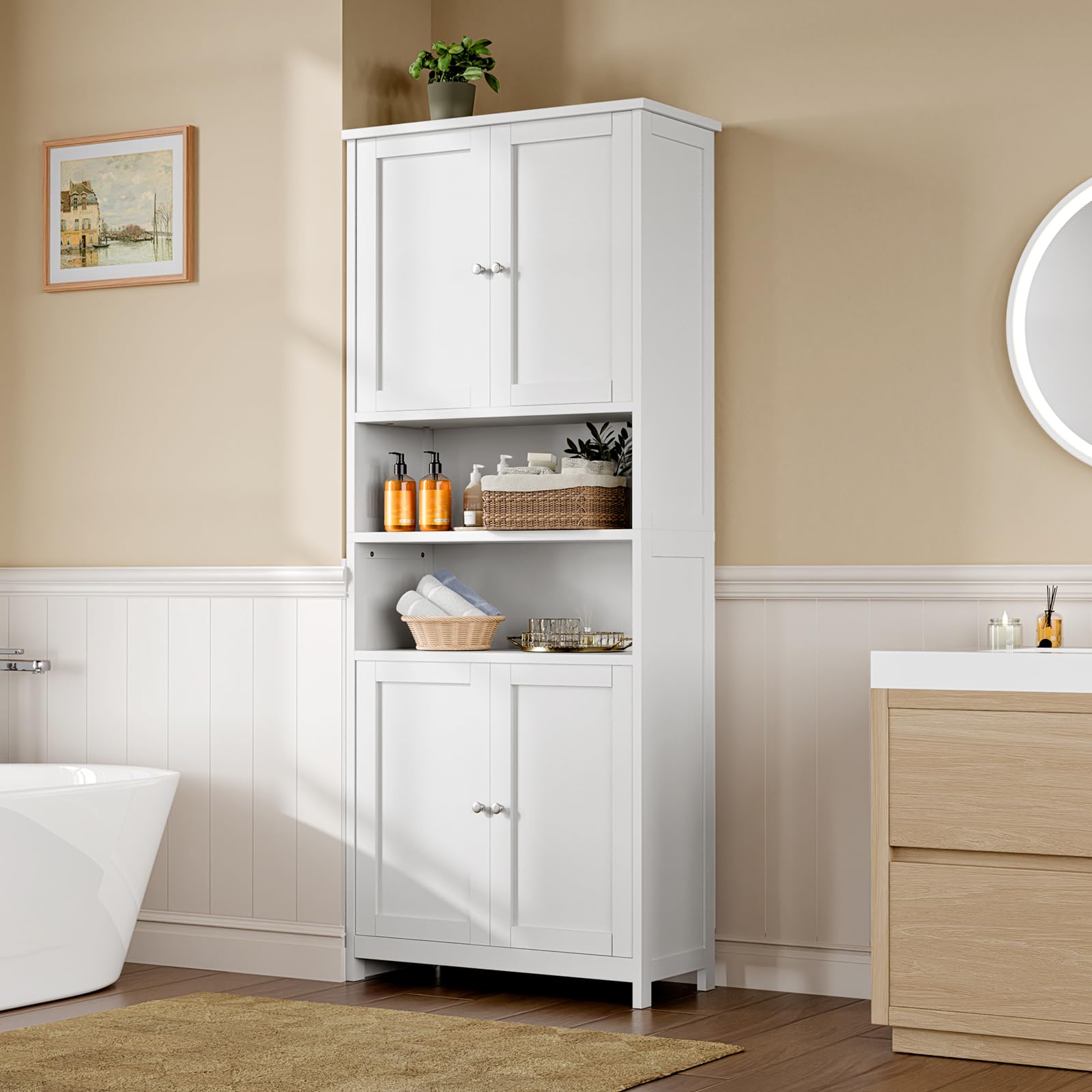 ELUCHANG Meuble Colonne de Salle de Bain, Armoire Haute Cuisine avec 2Étagères Réglables et Ouvertes, 4 Portes, Meuble de Rangement pour Salon, Cuisine, Salle de Bain, 60x30x180 cm