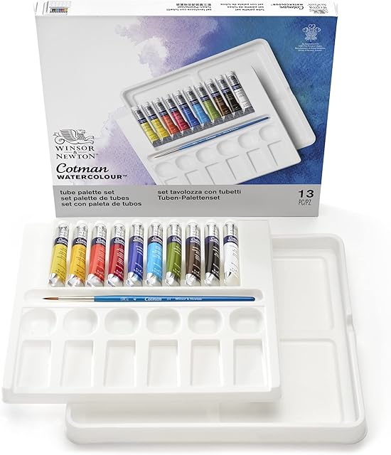Winsor & Newton, Cotman Watercolour, 'Tube Palette Set', 10 x 8ml Tubes + 1 x Cotman Watercolour Round Brush