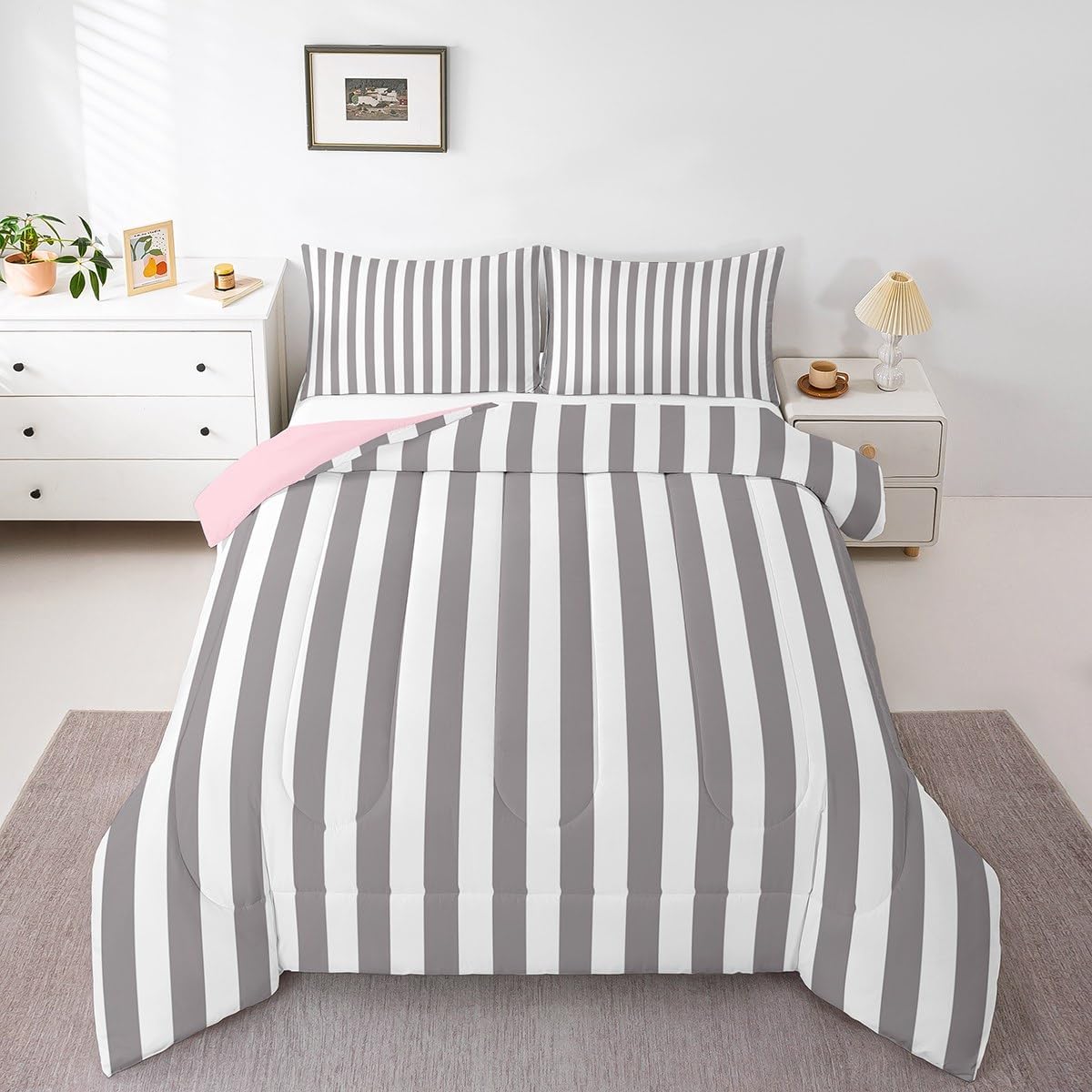 jejeloiu Light Pink Duvet Quilt Stripes Geometric Bedding Set for Kids Boys Girls Teens Room Decor Modern Comforter Set Queen Size Luxury 3Pcs Breathable Soft Lightweight Microfiber