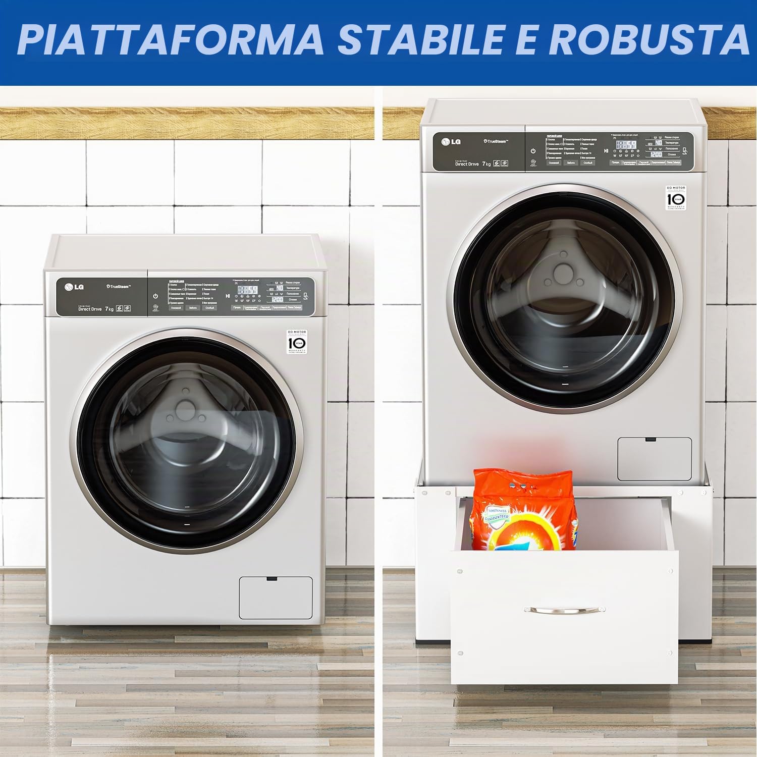 Base per lavatrice con cassetto, 62,5 x 54,5 x 32,5 cm, base per lavatrice, base in acciaio, base per lavatrice fino a 150 kg, colore bianco