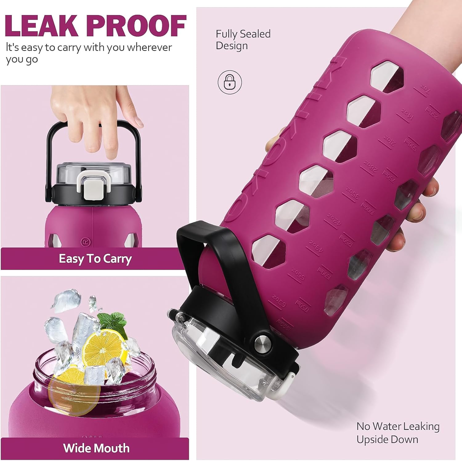 MUKOKO Half Gallon/64 oz Glass Water Bottles with Straw and Lid,Motivational Water Jug with Time Marker Reminder and Silicone Sleeve,100% Leakproof BPA Free Fitness Sports Large Bottle-Rose - Image 4