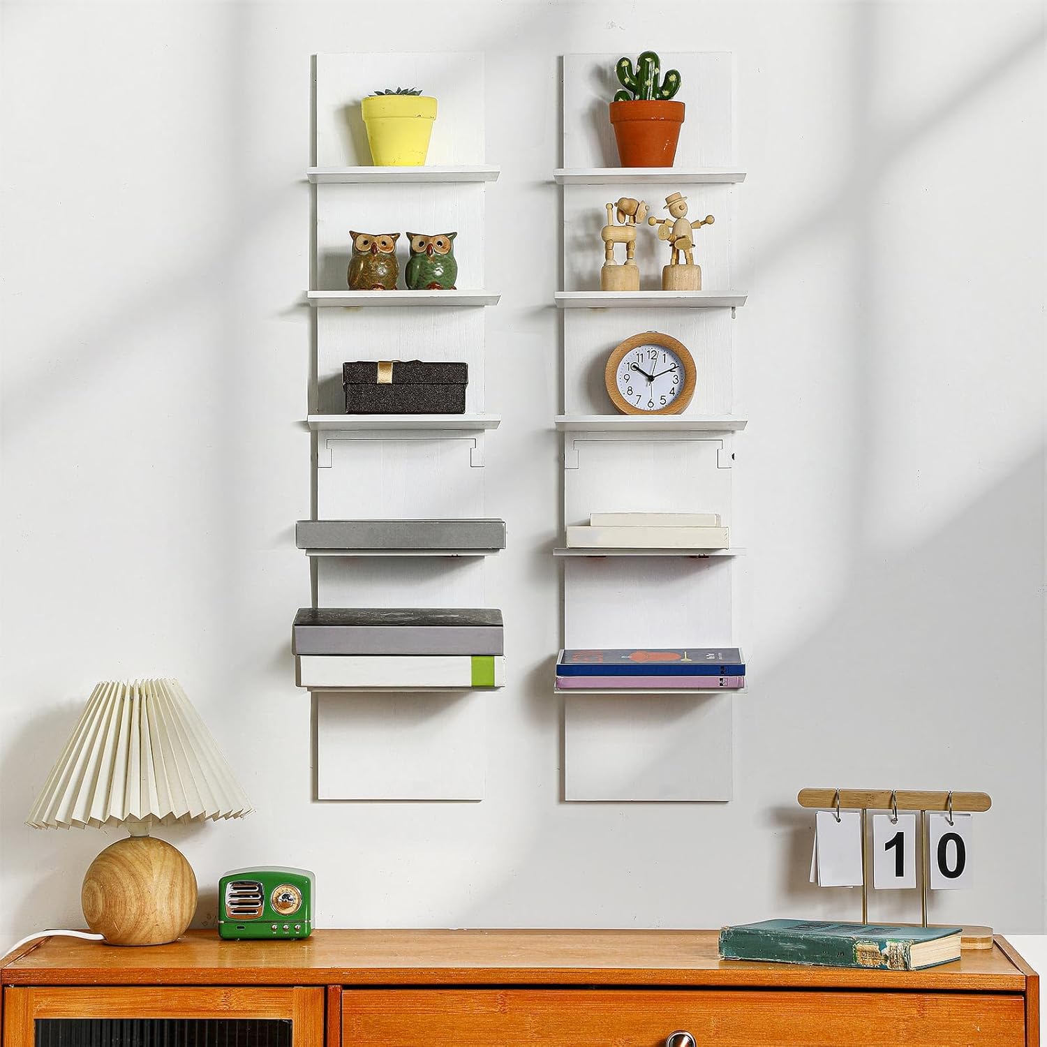 2 Pieces 5 Tier Wall Shelves for Bedroom 31.4 Inches Split Assembly Type Mount Vertical Wall Shelf Column Lack Hanging Floating Shelf for Storage Organizer Design Home Living Room(White)