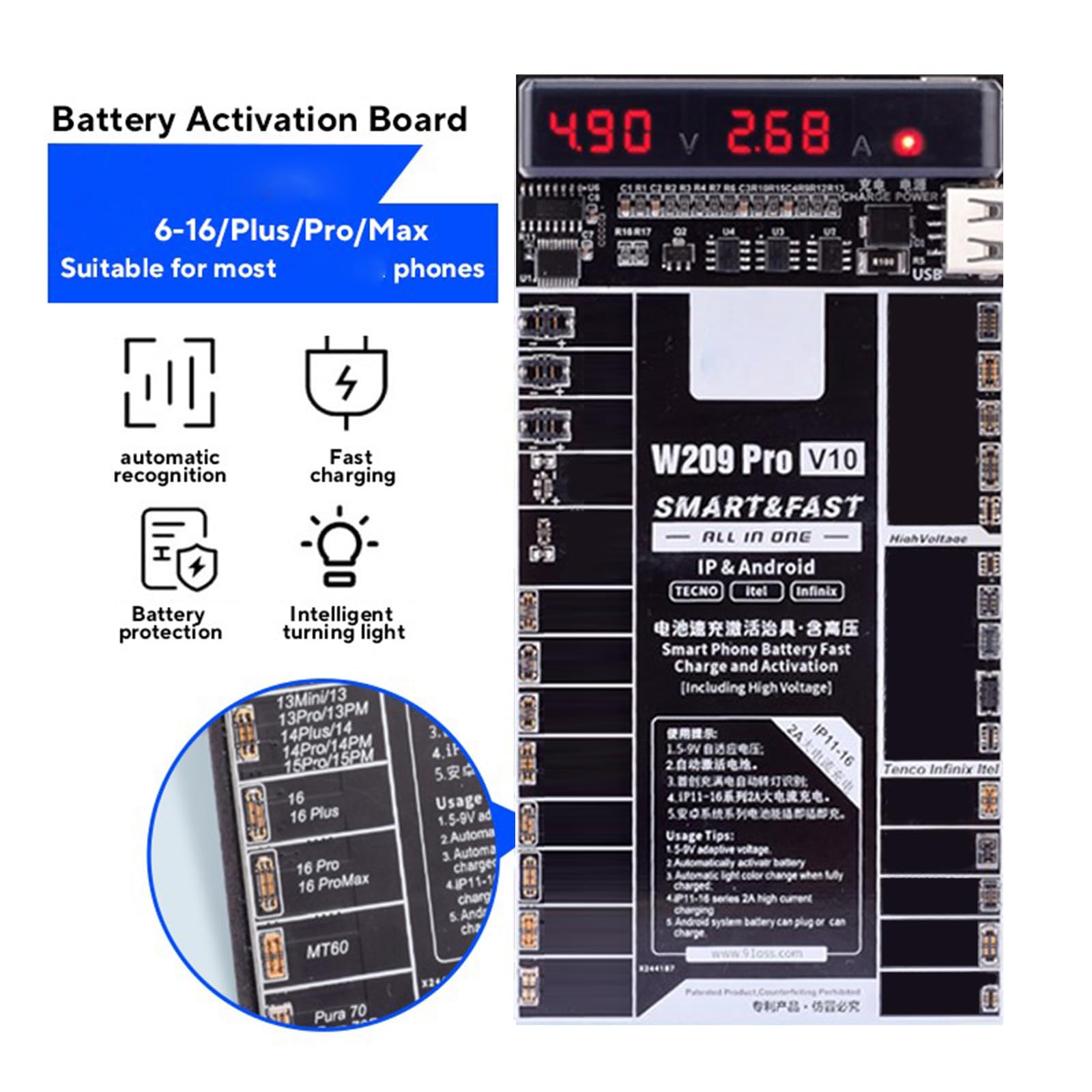 Scheda attivazione della batteria W209 V10 con monitoraggio in reale per circuito del tester per la ricarica rapida del telefono Appassionati fai da te