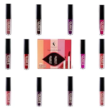 GLAM-E Liquid Matte Lipstick 2 ml Each Pack of 12 Lipsticks, Korean Formula, Waterproof, 12 Shades, 14-Hour Stay, Velvet Finish, Transfer-Proof, 8.2 cm
