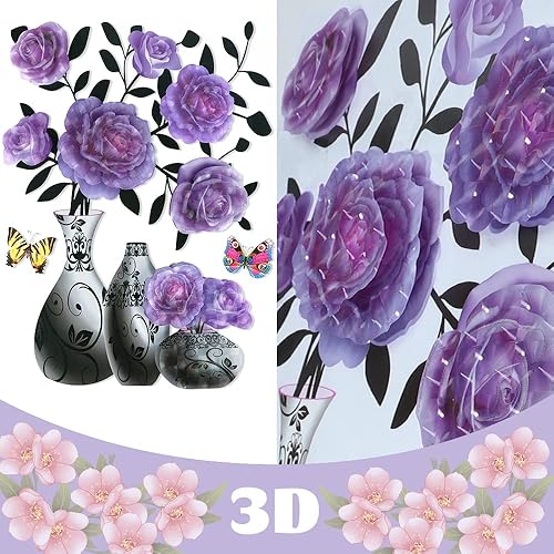 Miniatura 2 de Supzone Calcomanías de pared de flores estéreos en 3D para florero  Calcomanía floral de superposición morada  Arte impermeable extraíble para