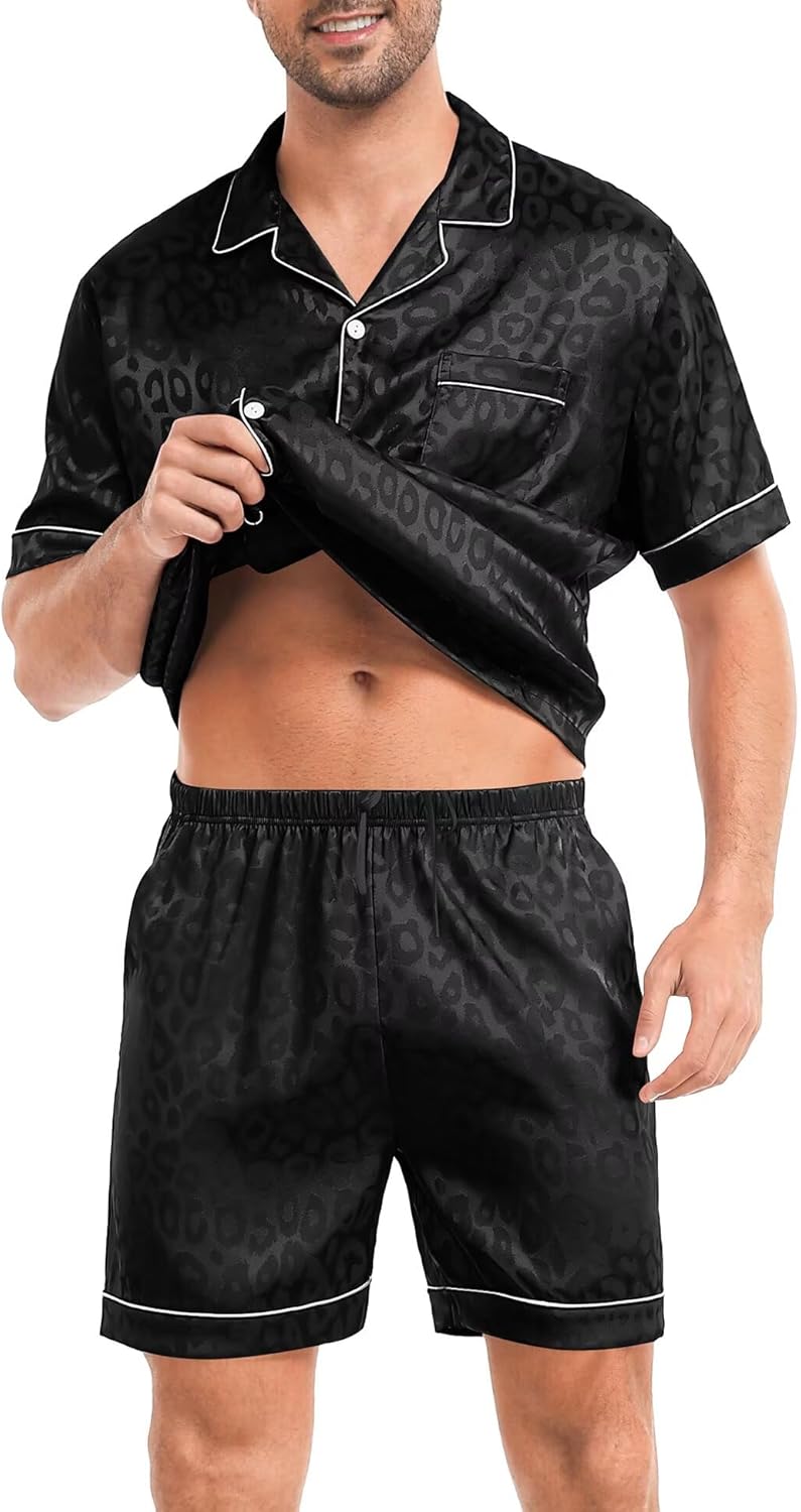 SWOMOG Men Silk Pajama Set Short Sleeve Satin PJs Sets 2 Piece Button Down Sleepwear Soft Summer Loungewear with Pockets - Image 4