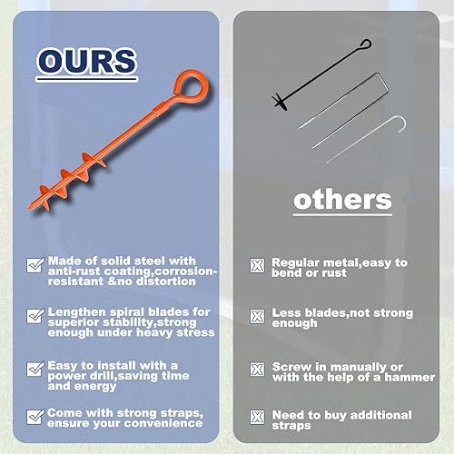 Miniatura 17 de Eurmax Juego de 4 estacas para trampolín de Estados Unidos, con forma de sacacorchos, juego de anclaje de acero con gancho en T para trampolines