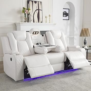 Power Reclining Sofa Couch with Wireless Charger, 3 Seaters with Recliner with Reading Light, Leather Electric 3 Seat Sofa Sectional Set for Living Room, Home Theater Seating with LED Lights, White