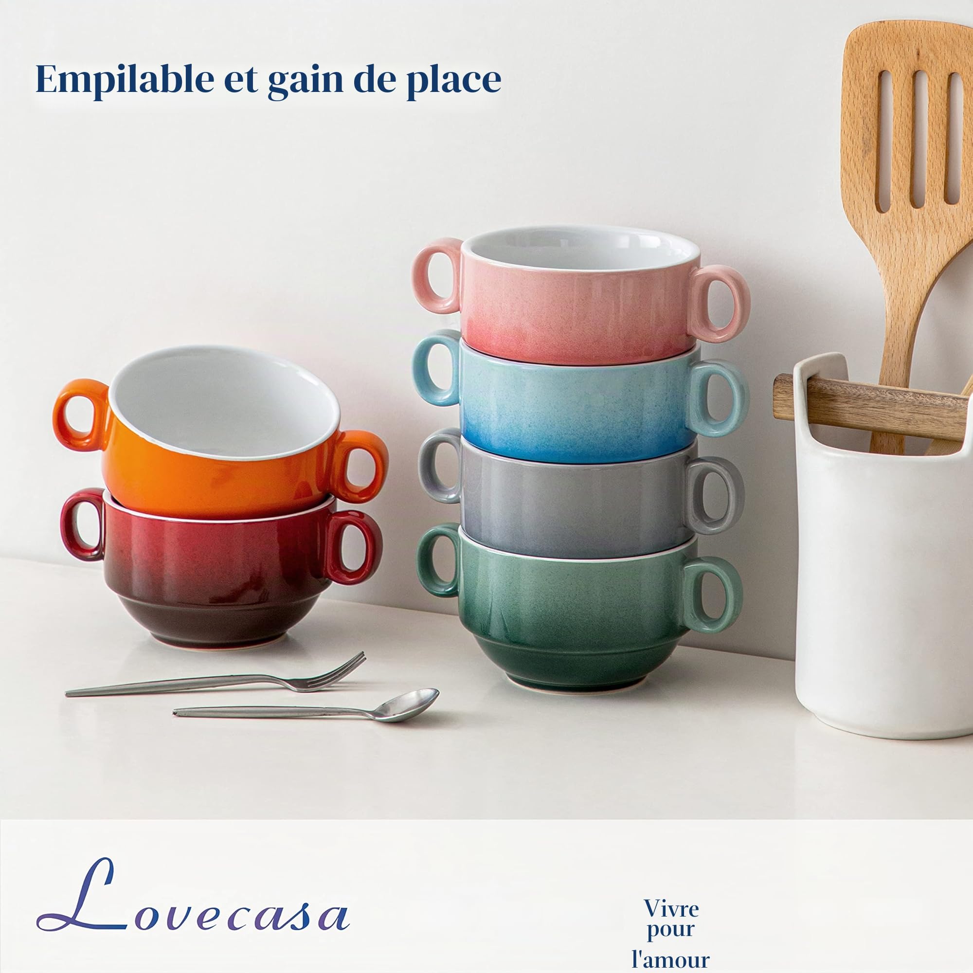 LOVECASA, Tasse à Bouillon avec Anses, 420ml, Bols à Soupe Céréales en Céramique 6 pièces, Passe au Lave-Vaisselle et au Four - Multicouleur