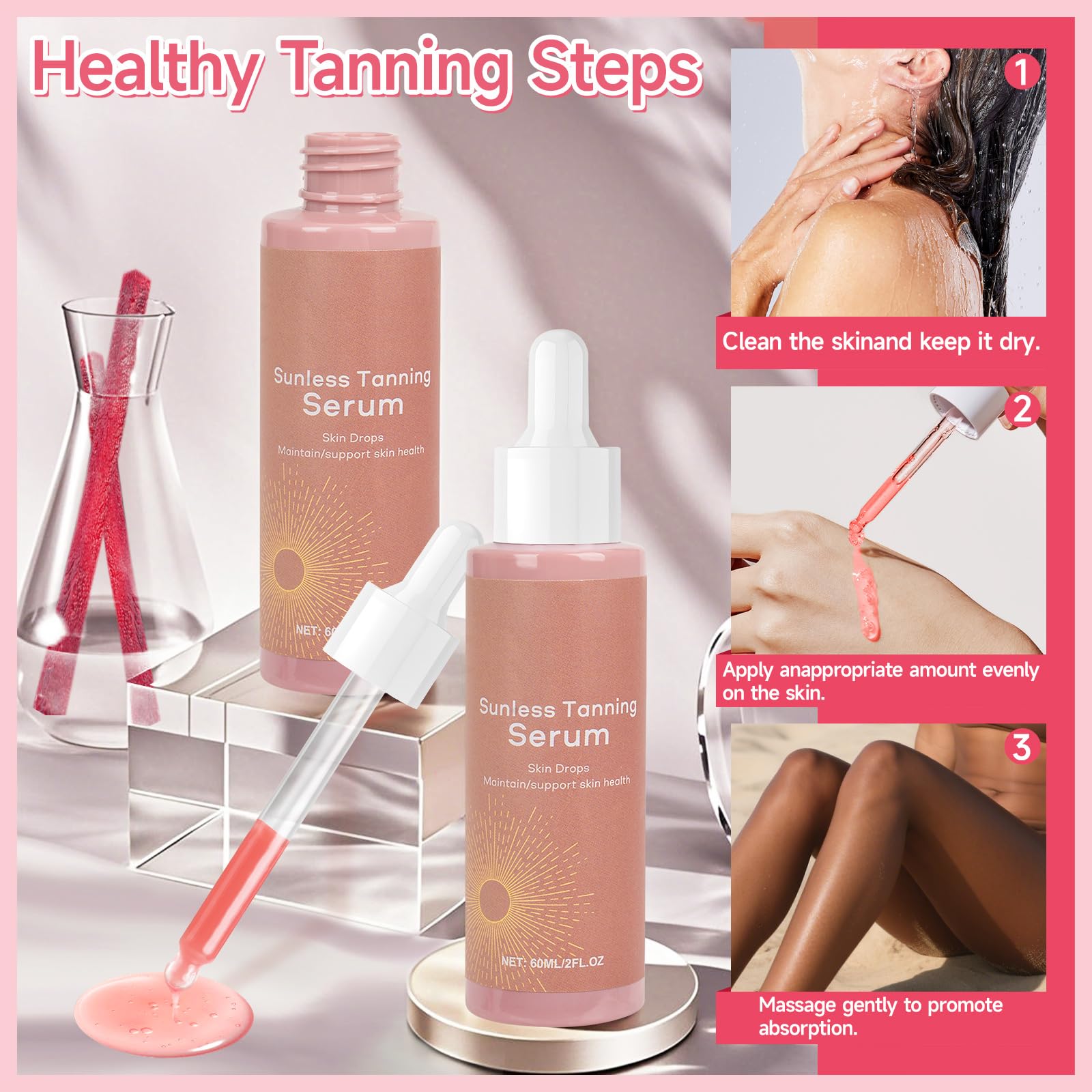 Sunless Tanning Drops, 2 szt. samoopalacz, 120 ml, krople samoopalające, krople samoopalające, samoopalacz do twarzy i ciała