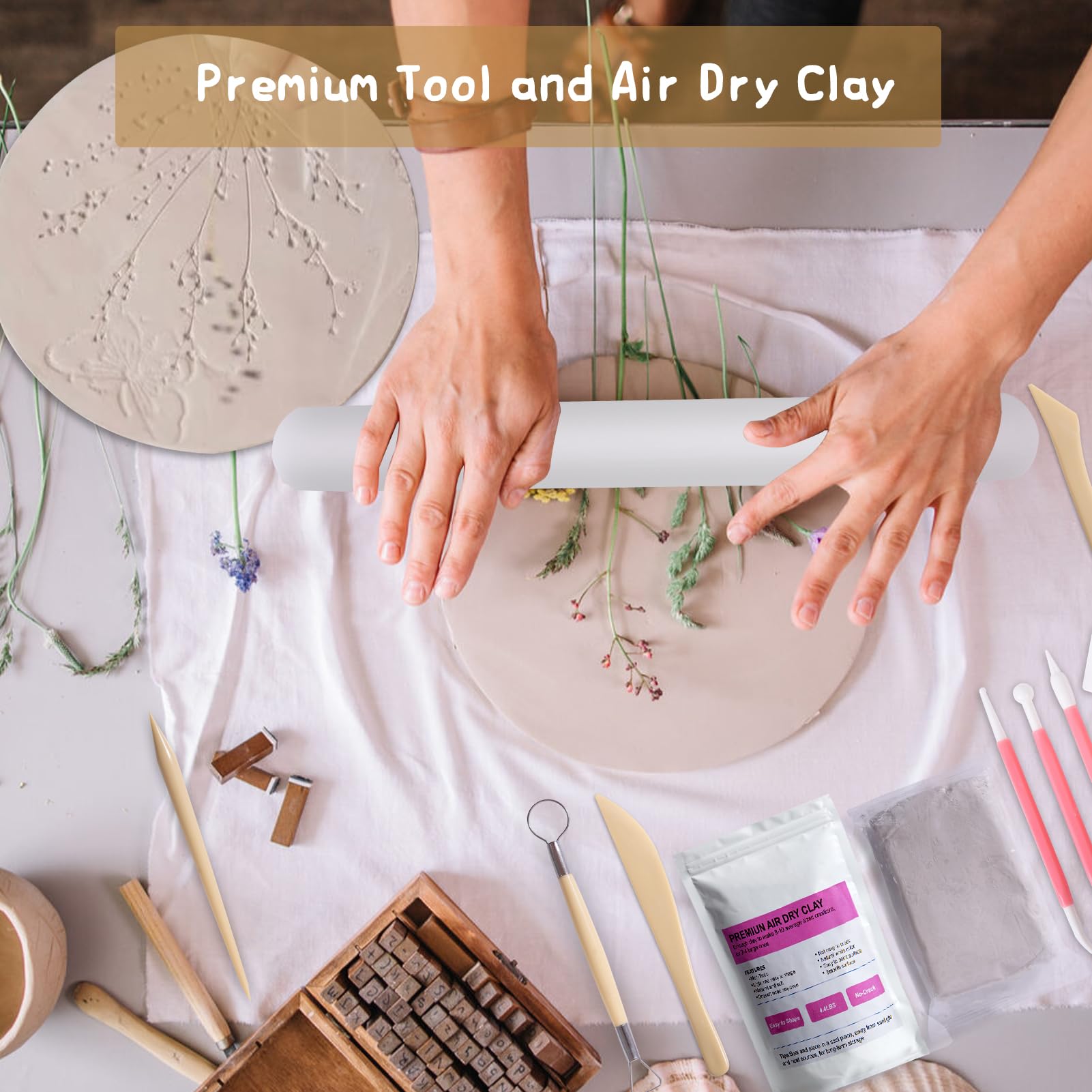 Air Dry Clay Kit for Adults,66 Pcs Beginners Pottery Kit,Craft Clay Kit Includes 4.4Lbs Air Dry Clay,Tools, Paints,Brushes,Gloss Varnish,Sand Papers,Non-stick Rolling Pin,Storage Bag,Christmas Gift