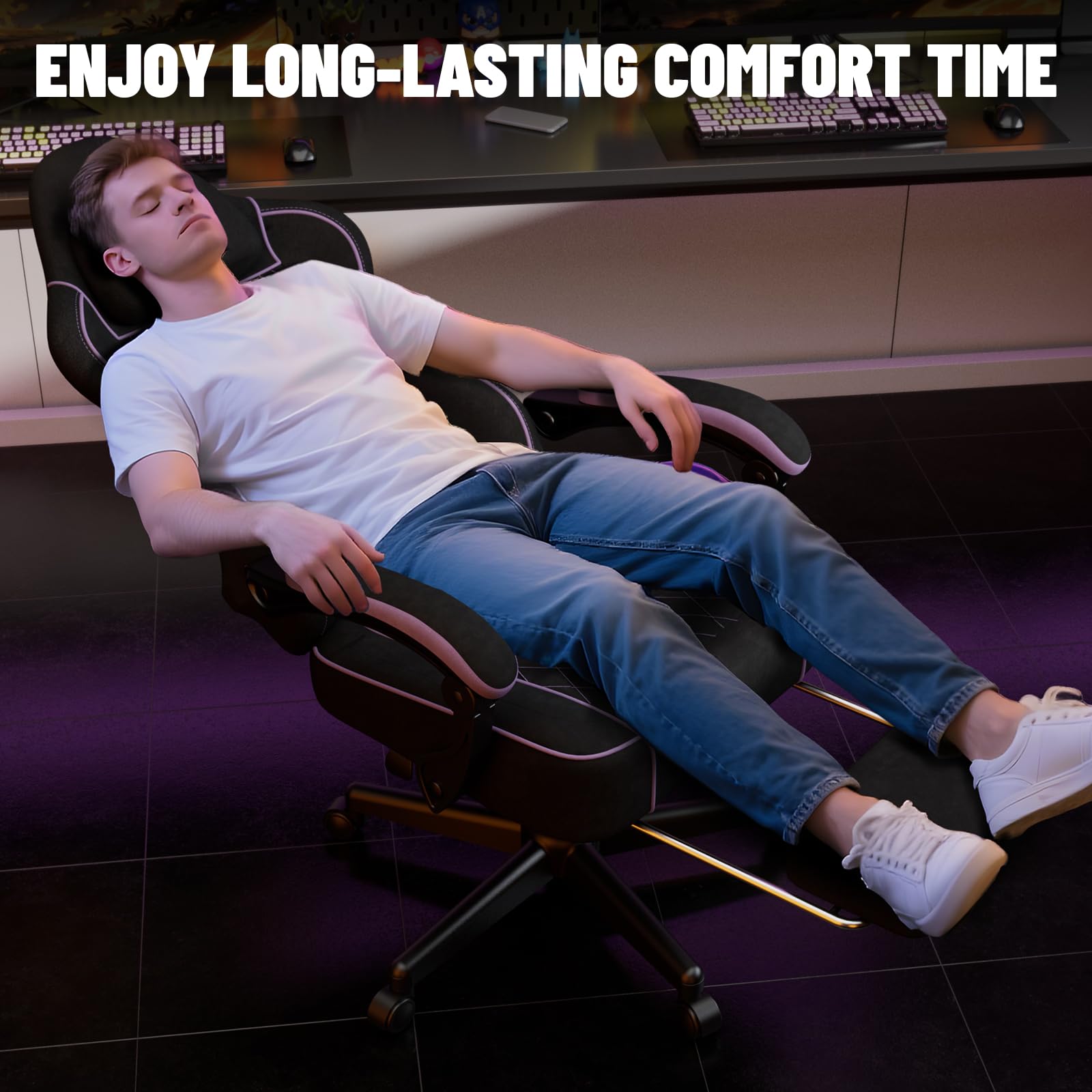 Soontrans Sedia da Gaming con Poggiapiedi, Sedia Gaming Ergonomica con Poggiatesta & Cuscino Lombare Massaggio, Pelle Scamosciata, Sedie Gaming per Youtube Livestreaming Playstation (Nero&Viola)
