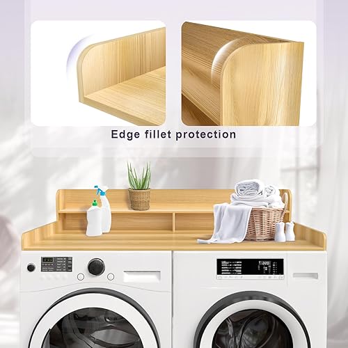 Vista 5 de Estante de encimera de 2 niveles para lavadora y secadora, decoración de lavandería blanca con almohadillas antideslizantes, almacenamiento y Madera