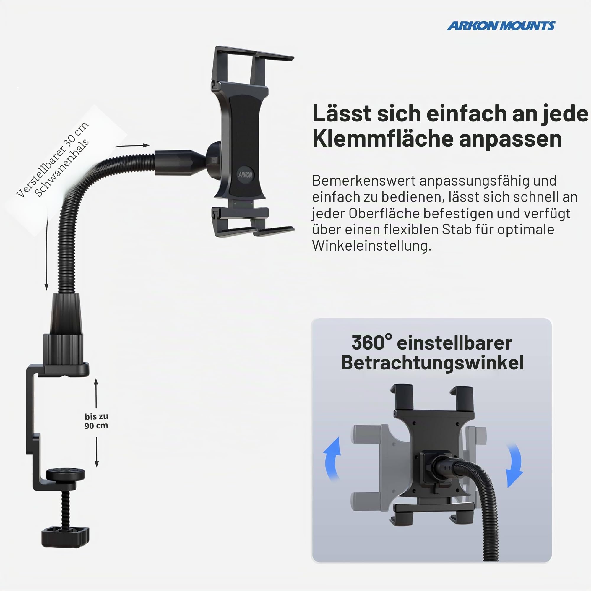 ARKON TAB086-12 Heavy Duty Tablet-Halterung mit 30,5 cm langem Haltearm für iPad Pro, iPad Air, Galaxy Note 10.1, Retail Schwarz
