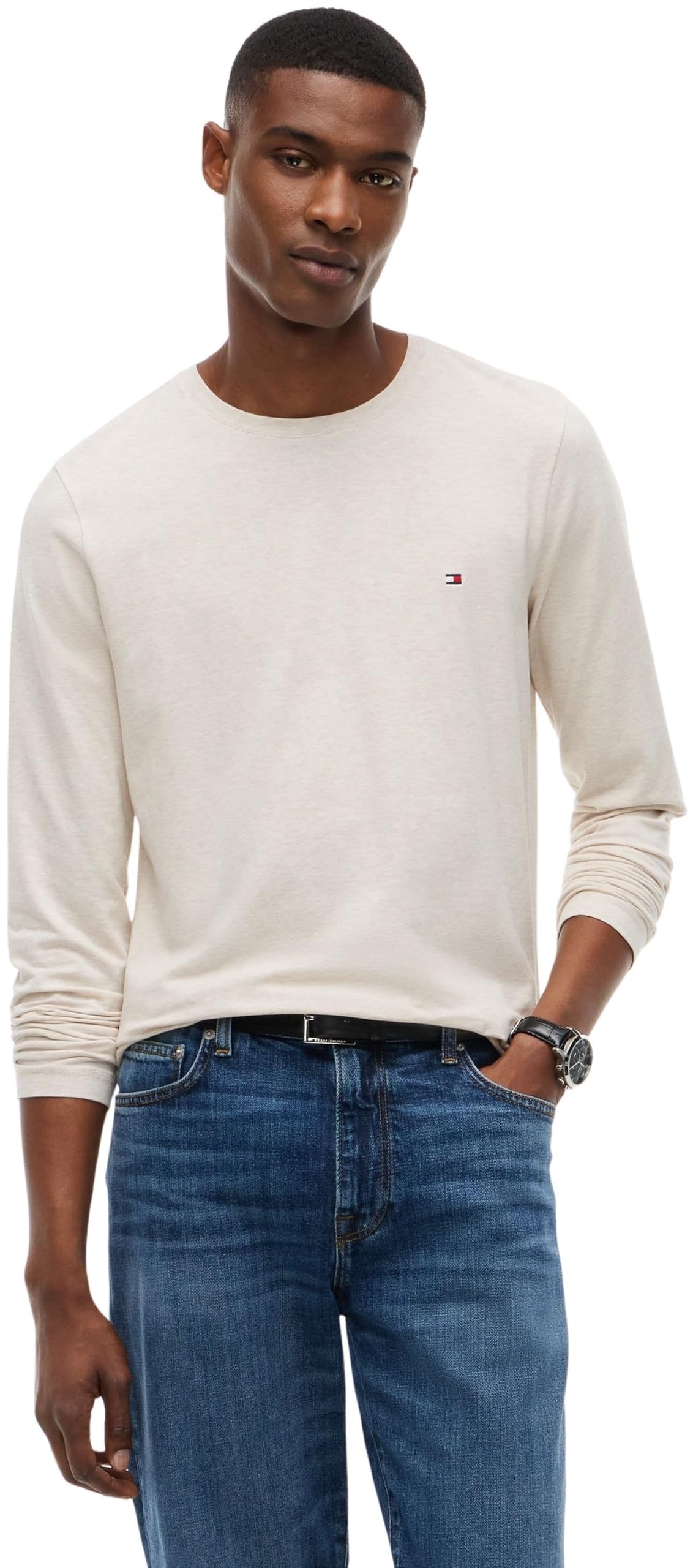 Tommy Hilfiger Herren Slim Fit Stretch Baumwolle Langarm Top, Heathered Oatmilk, S