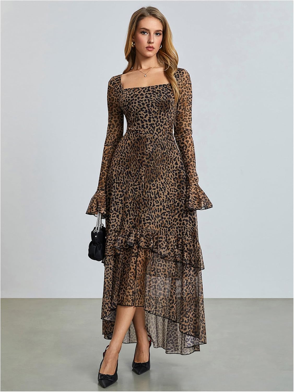 Milumia Women's Leopard Square Neck Long Sleeve Mesh Dress Layered Ruffle Hem Maxi Dresses - Image 6
