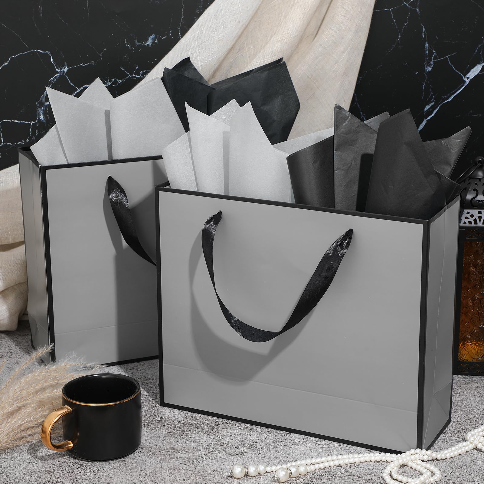 ReliThick 12 Pack Metallic Paper Gift Bag with Handles and Tissue Paper 11.8 x 10 x 4'' Thank You Favor Bag for Graduation Mother's Day Wedding Bridesmaid Groomsman 5 Senses Gifts (Gray,Black)