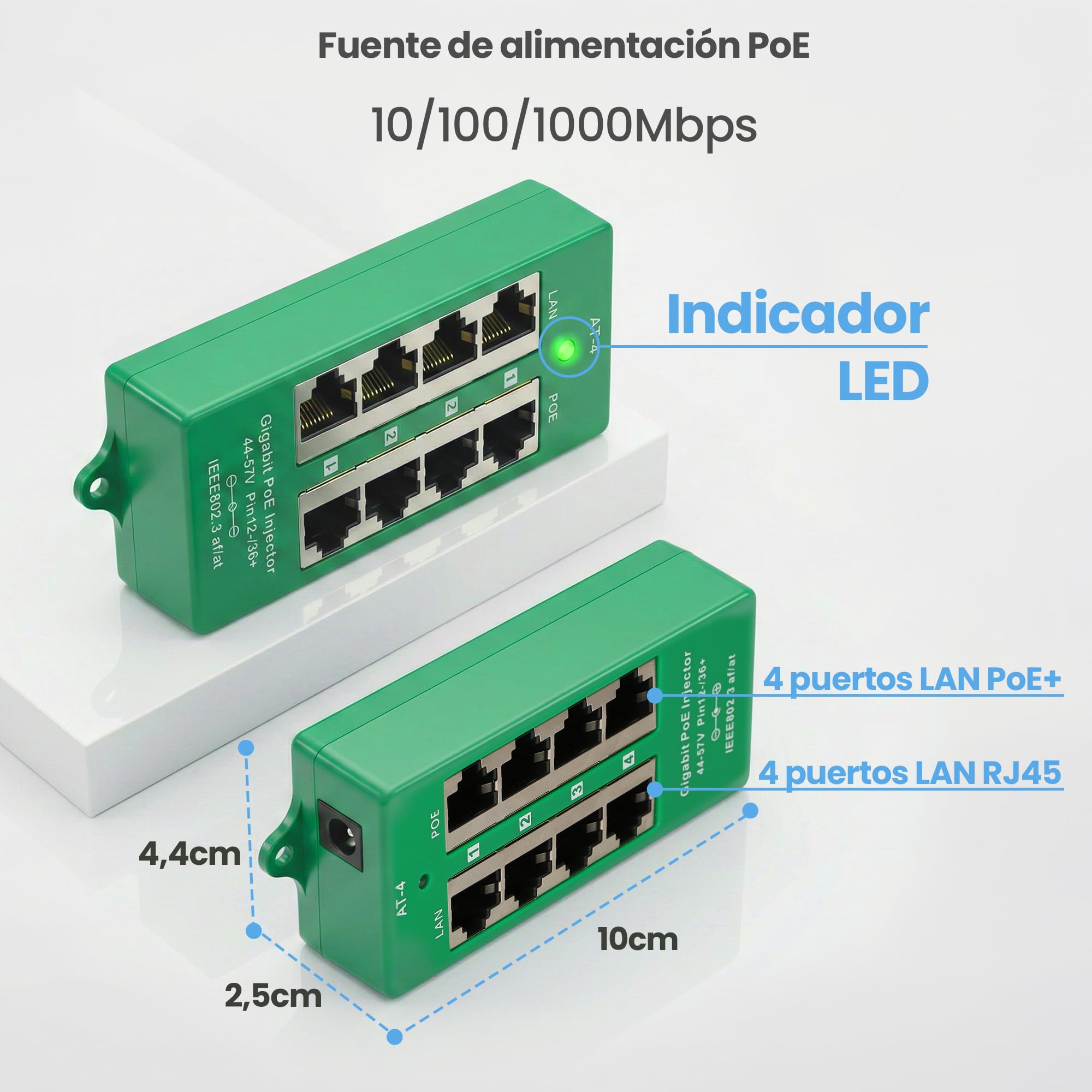Extralink Inyector PoE 4 Puertos Gigabit 802.3at/AF, Mode A, Fast Ethernet, 4X 1000Mb/s, protección contra Cortocircuito y sobretensión, Puertos RJ-45, Adaptador PoE, PoE Injector, Adaptador PoE