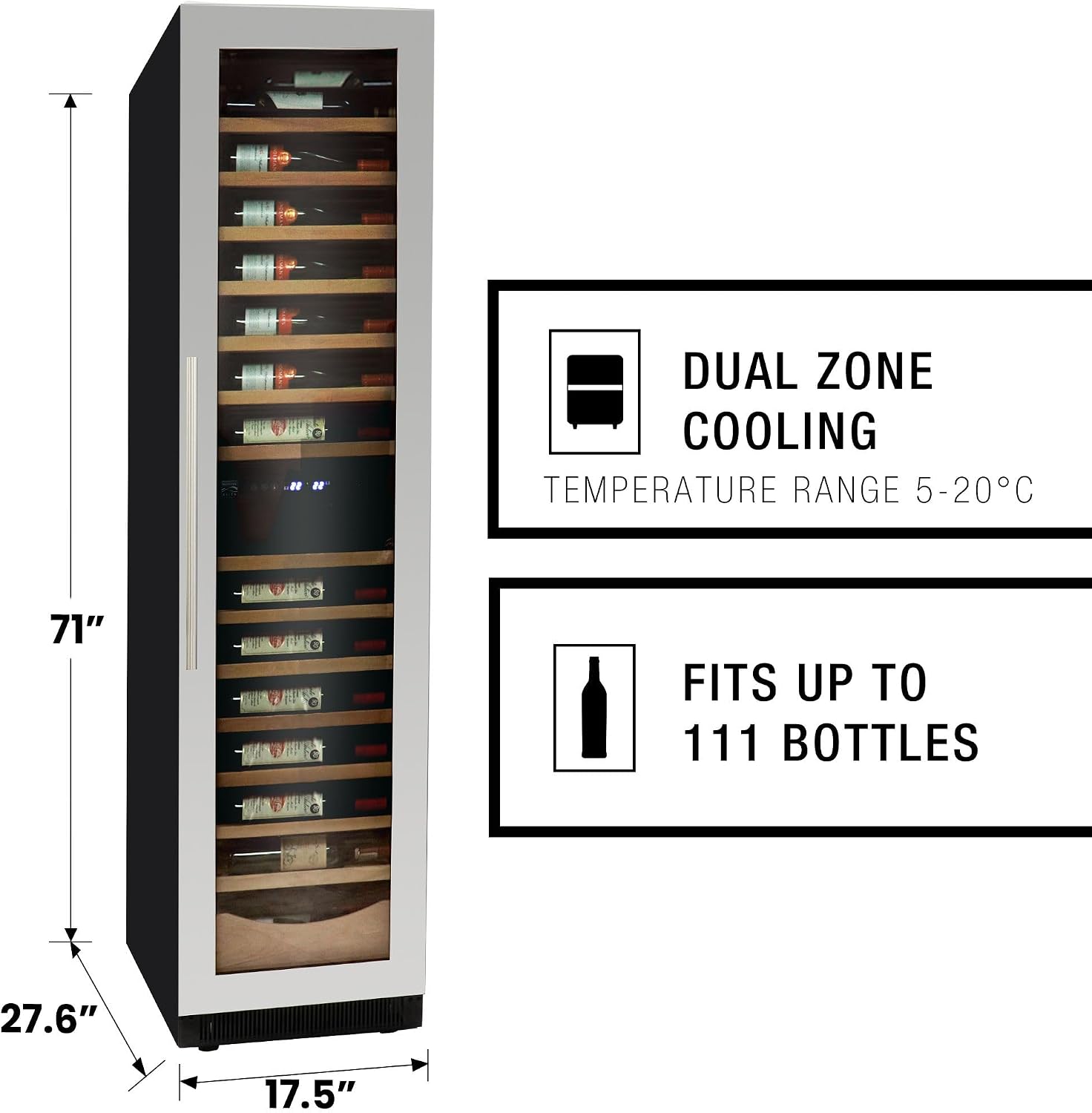 Kenmore Elite 111 Bottle Wine Fridge Dual Zone Cooler Cabinet with Glass Door Beverage Can Compressor Refrigerator For Bar Ideal for Red White & Sparkling Wine Champagne (Silver, 385 L)